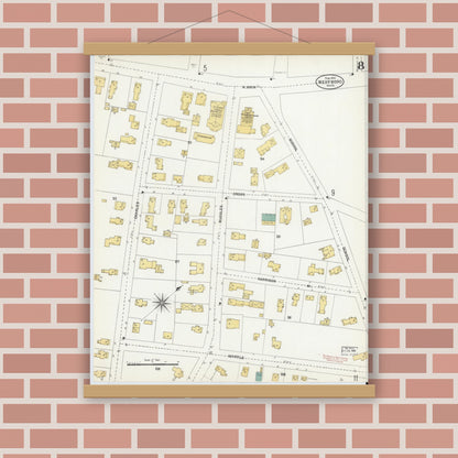 Old map wall art mockup — magnetic wood frame on brick wall — Sanborn Fire Insurance Map from Westboro, Worcester County, Massachusetts (1904), Sheet #0008