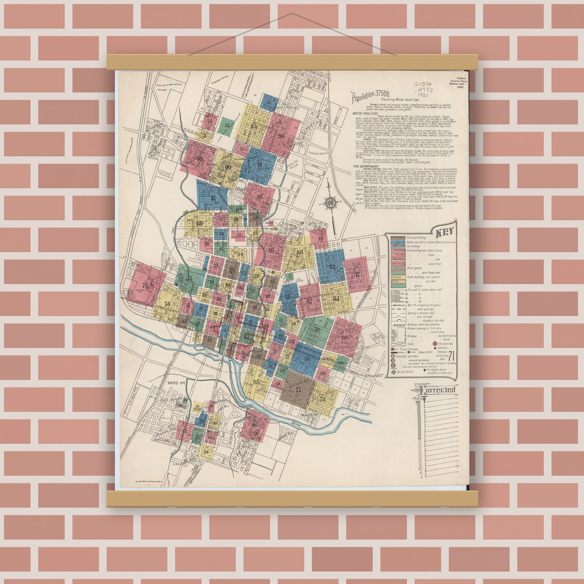 Old map wall art mockup — magnetic wood frame on brick wall — Sanborn Fire Insurance Map from Austin, Travis County, Texas (1922), Sheet #0001