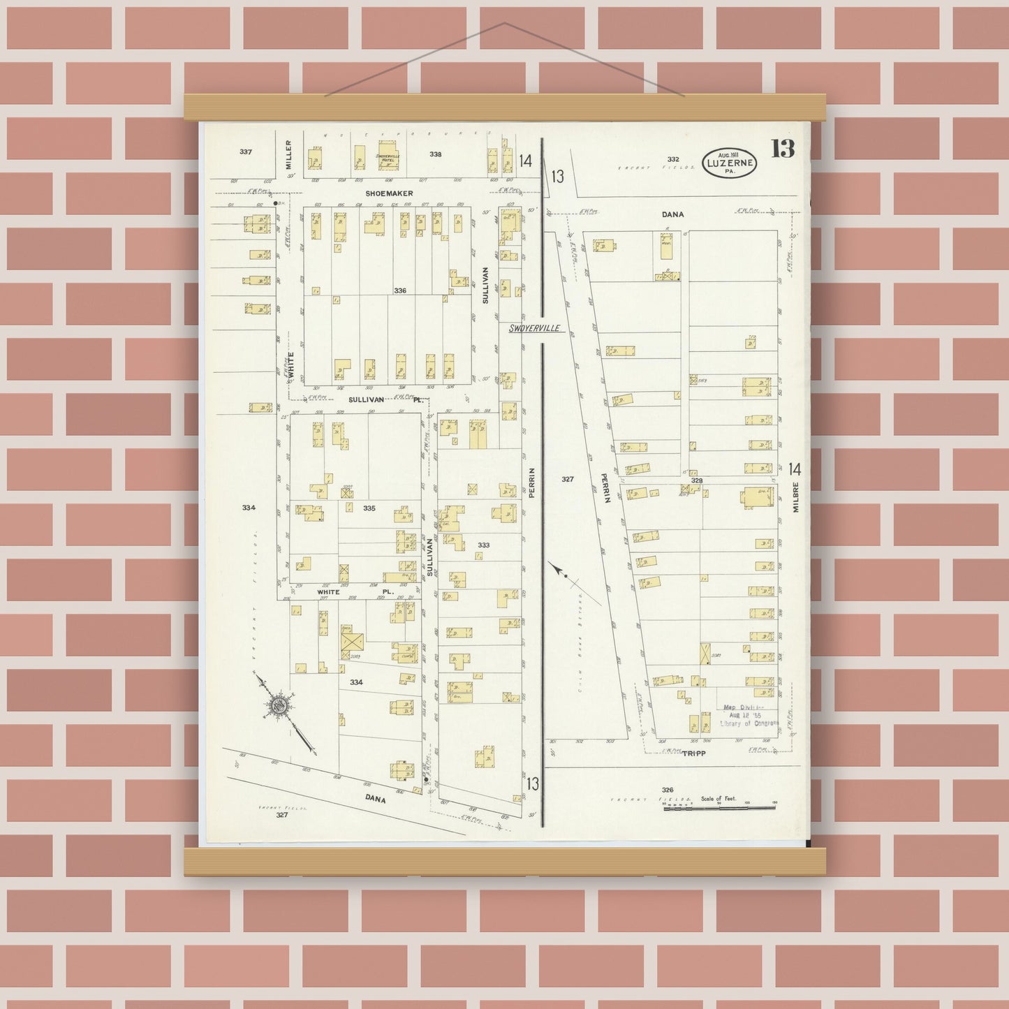 Old map wall art mockup — magnetic wood frame on brick wall — Sanborn Fire Insurance Map from Luzerne, Luzerne County, Pennsylvania (1911), Sheet #0013
