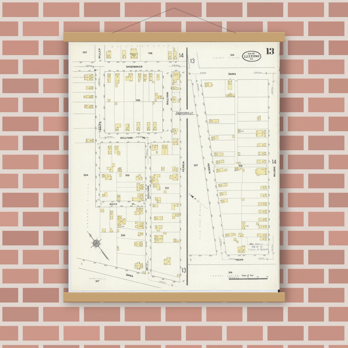 Old map wall art mockup — magnetic wood frame on brick wall — Sanborn Fire Insurance Map from Luzerne, Luzerne County, Pennsylvania (1911), Sheet #0013