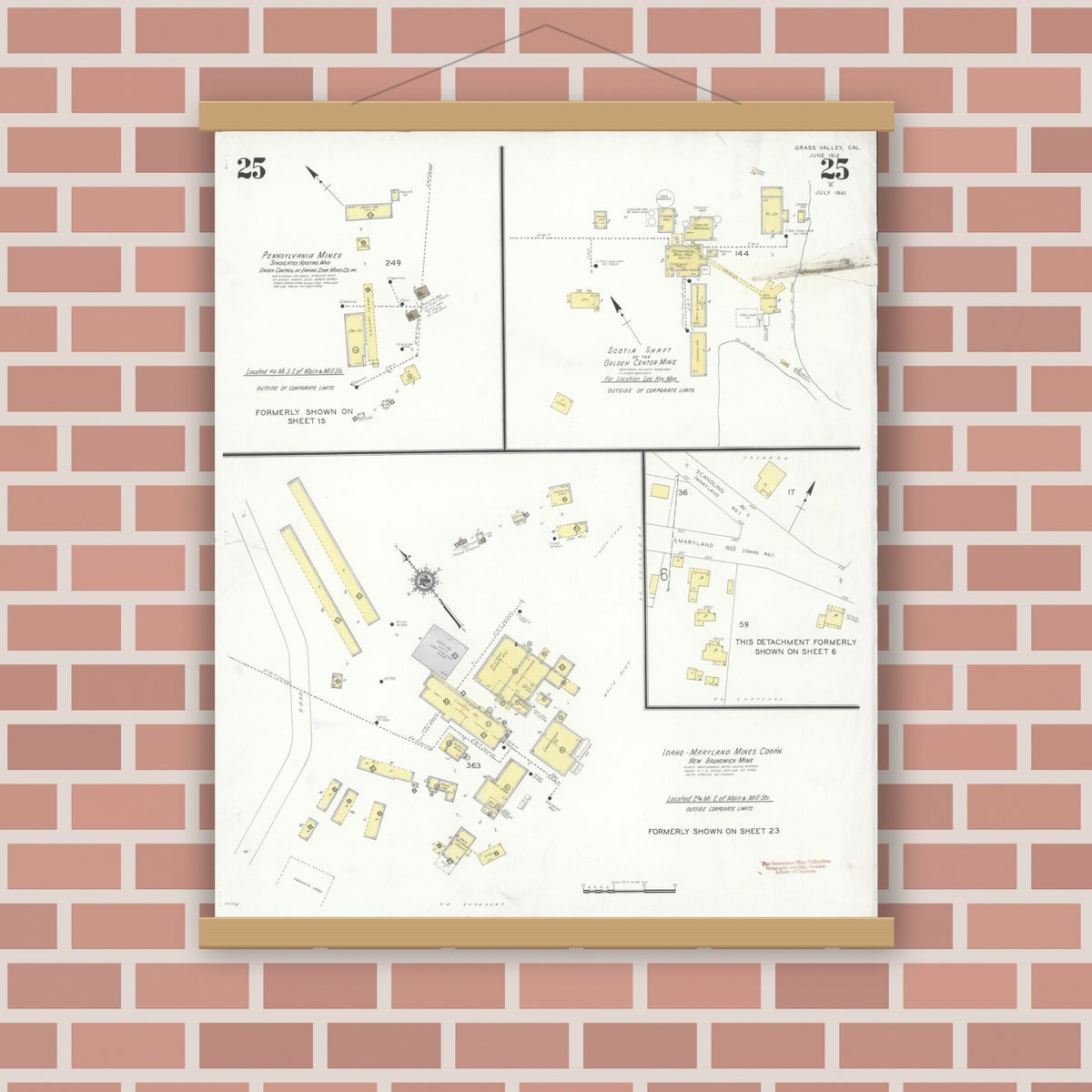 Old map wall art mockup — magnetic wood frame on brick wall — Sanborn Fire Insurance Map from Grass Valley, Nevada County, California (1941), Sheet #0025