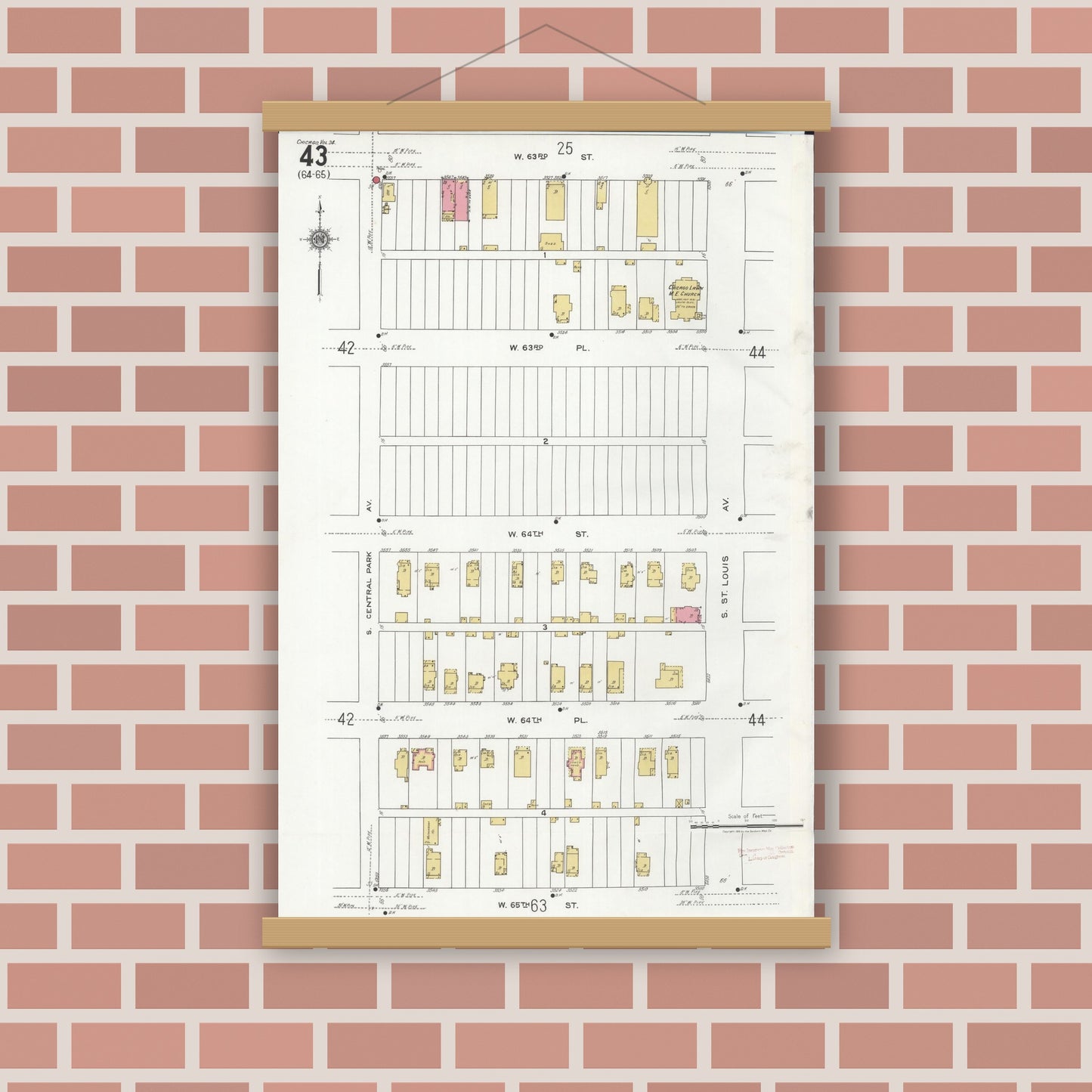 Old map wall art mockup — magnetic wood frame on brick wall — Sanborn Fire Insurance Map from Chicago, Cook County, Illinois (1920), Sheet #0043