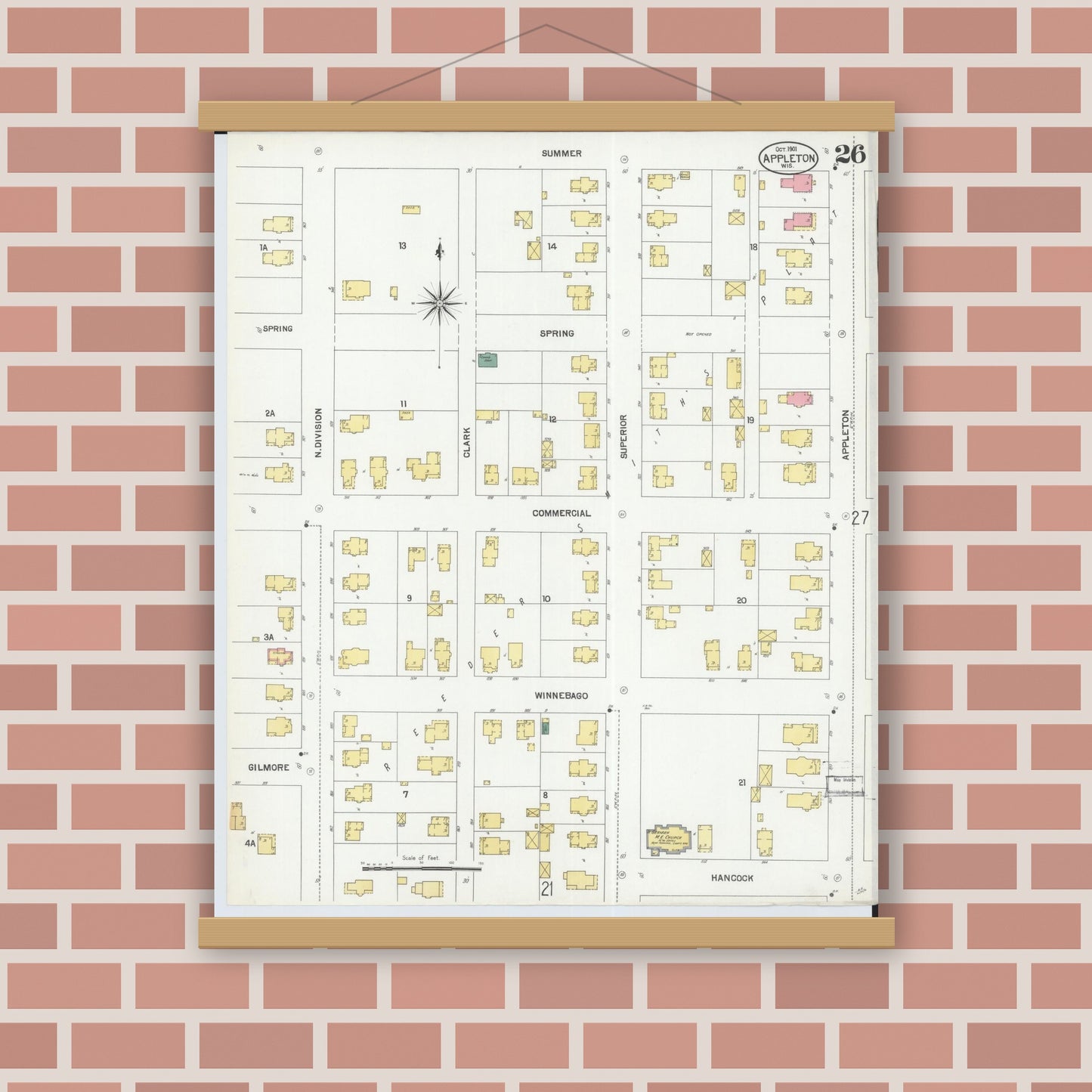 Old map wall art mockup — magnetic wood frame on brick wall — Sanborn Fire Insurance Map from Appleton, Outagamie County, Wisconsin (1901), Sheet #0026