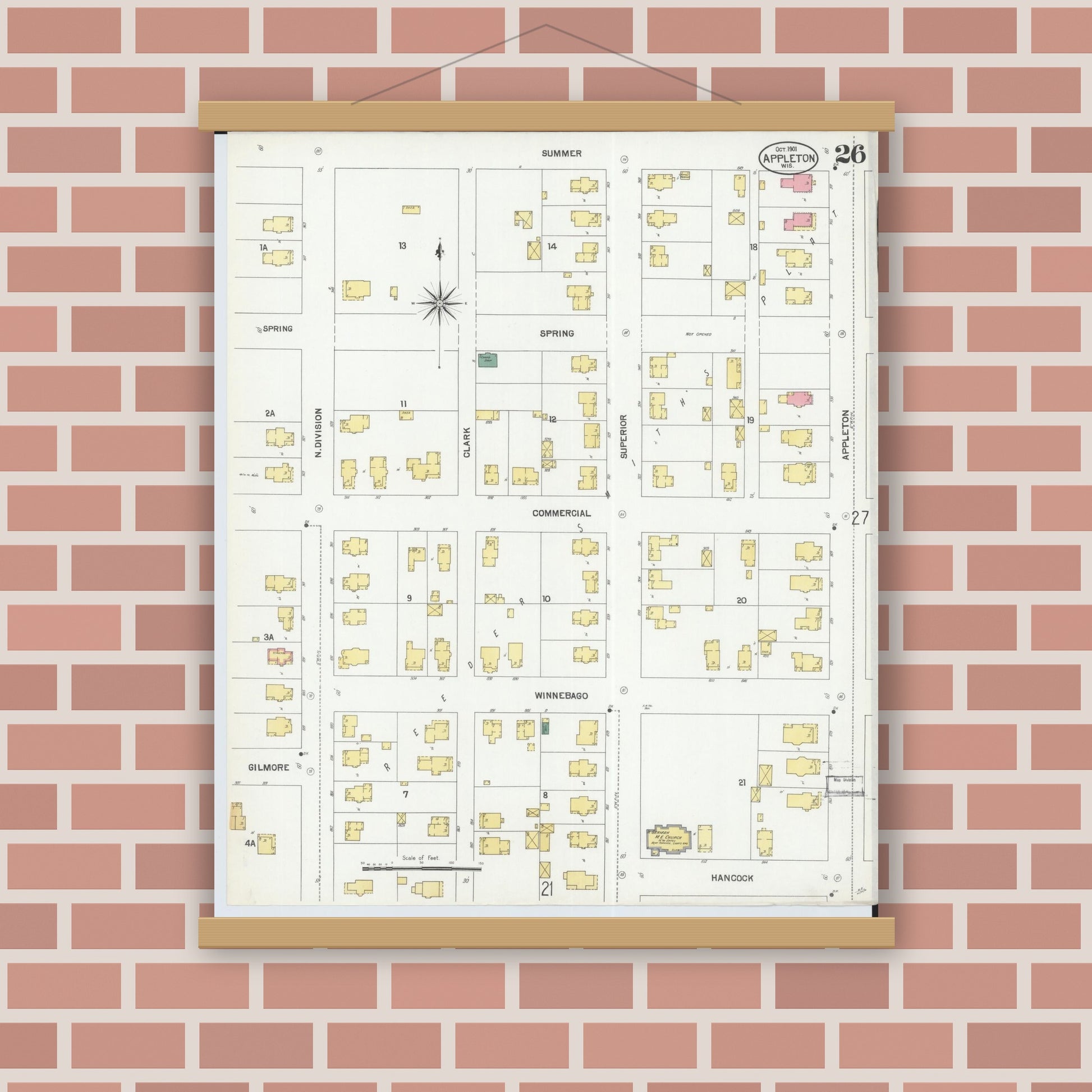 Old map wall art mockup — magnetic wood frame on brick wall — Sanborn Fire Insurance Map from Appleton, Outagamie County, Wisconsin (1901), Sheet #0026