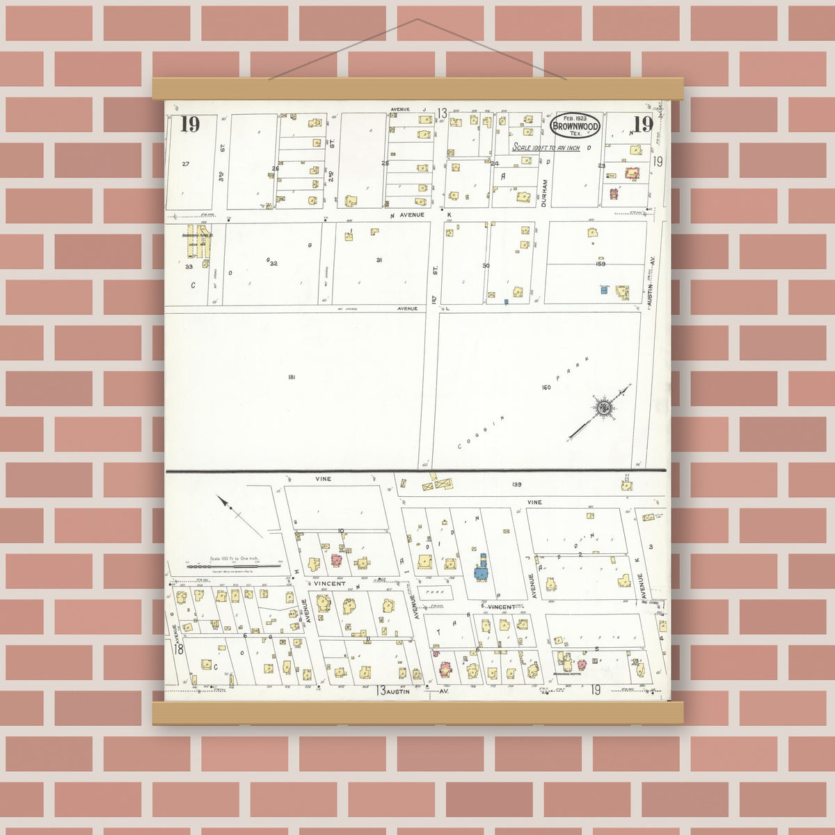 Old map wall art mockup — magnetic wood frame on brick wall — Sanborn Fire Insurance Map from Brownwood, Brown County, Texas (1923), Sheet #0019