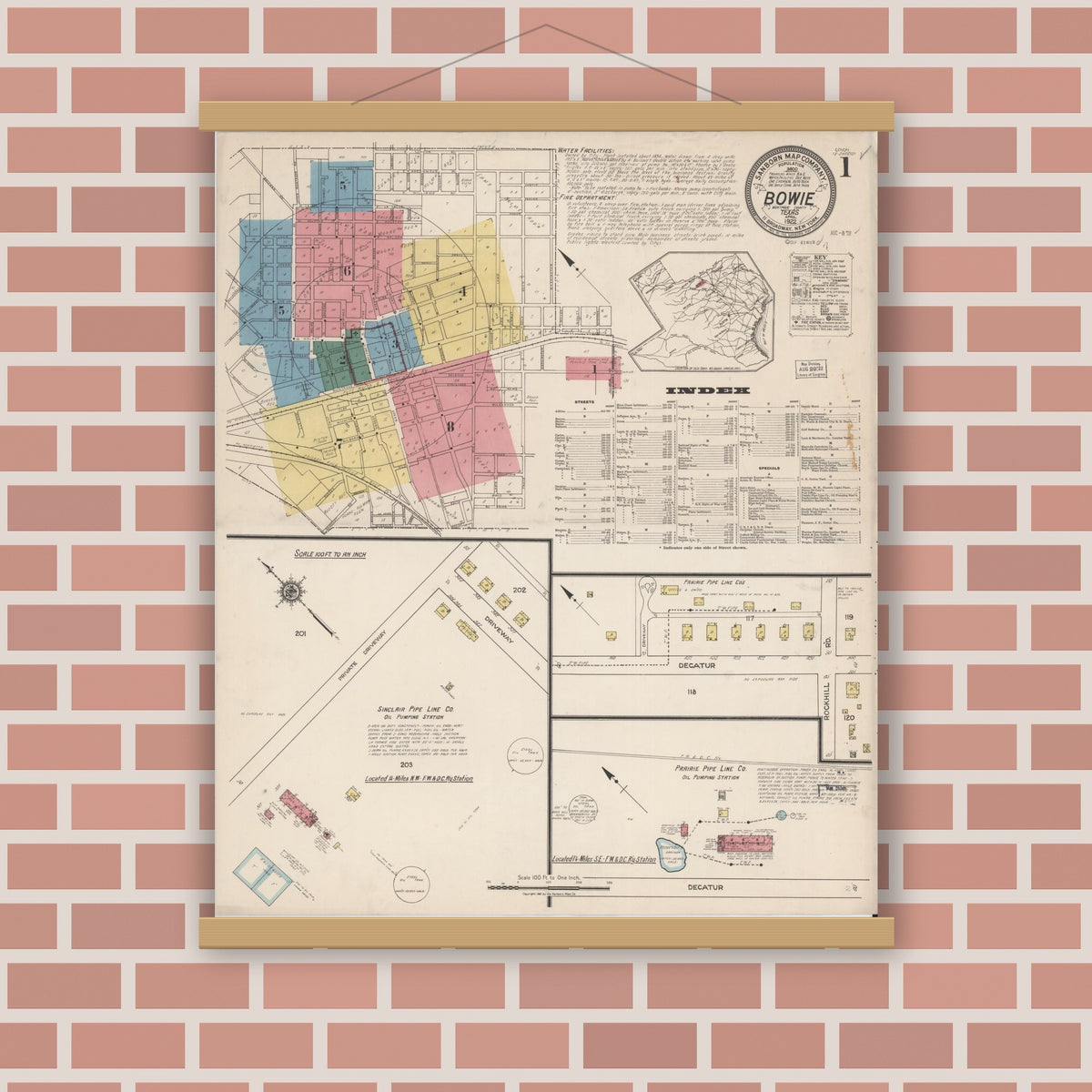 Old map wall art mockup — magnetic wood frame on brick wall — Sanborn Fire Insurance Map from Bowie, Montague County, Texas (1922) - Complete Map Set