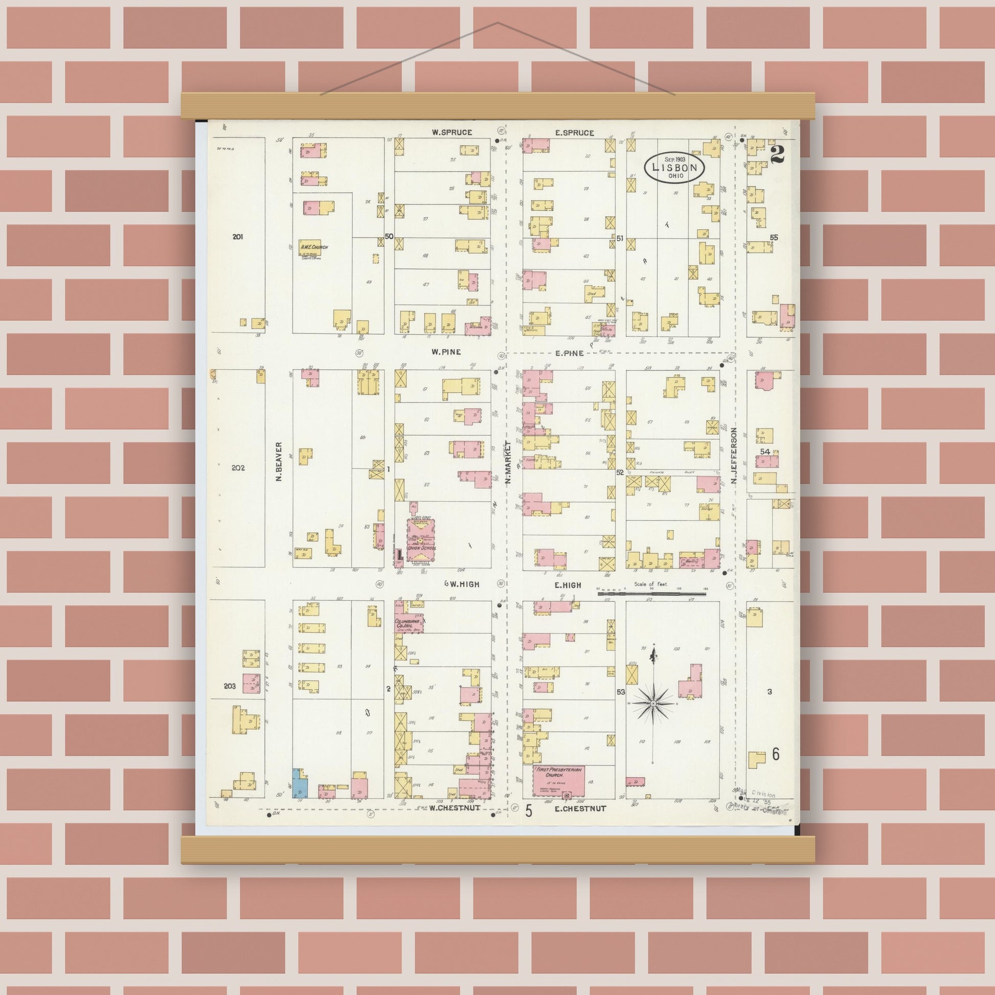 Old map wall art mockup — magnetic wood frame on brick wall — Sanborn Fire Insurance Map from Lisbon, Columbiana County, Ohio (1903), Sheet #0002