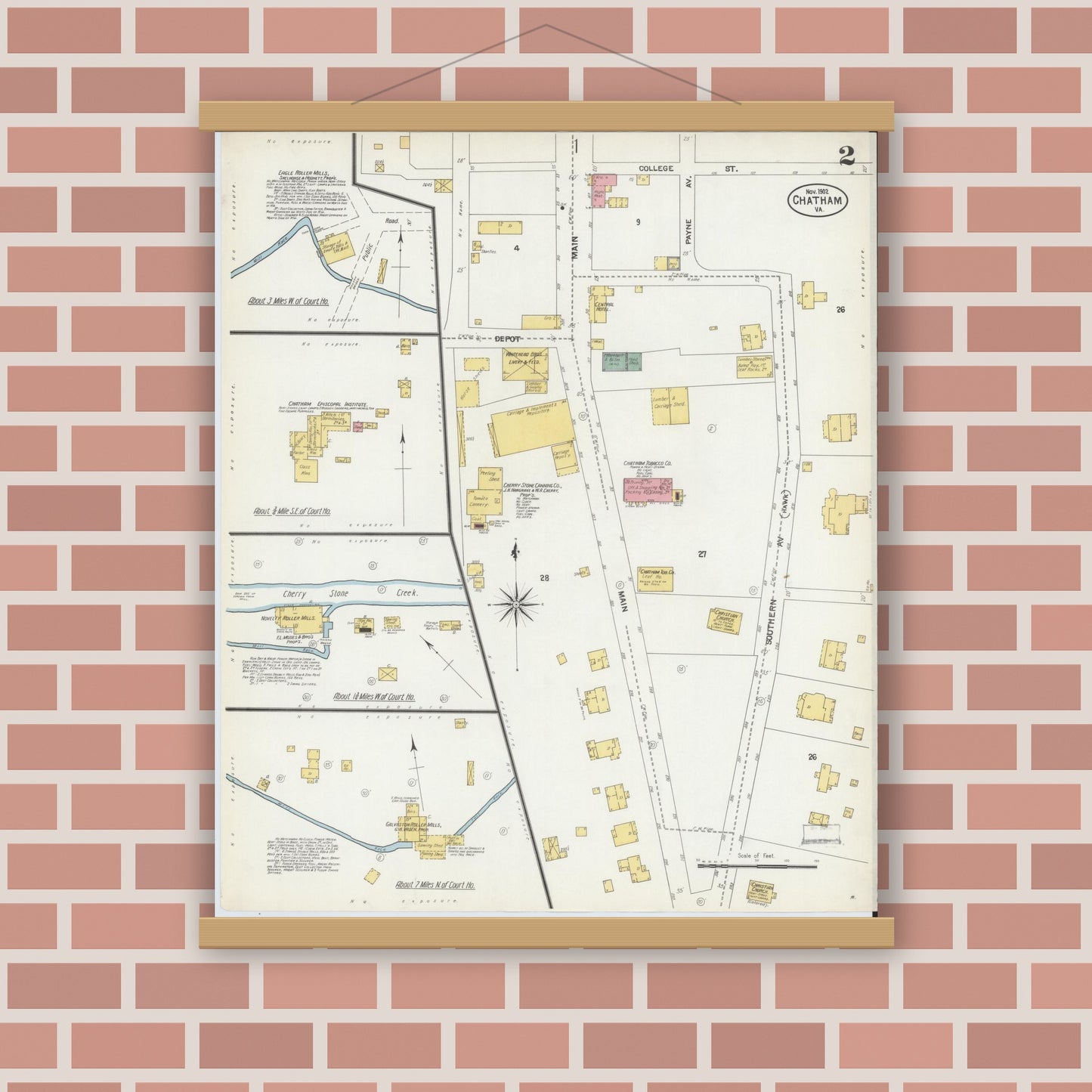 Old map wall art mockup — magnetic wood frame on brick wall — Sanborn Fire Insurance Map from Chatham, Pittsylvania County, Virginia (1902), Sheet #0002