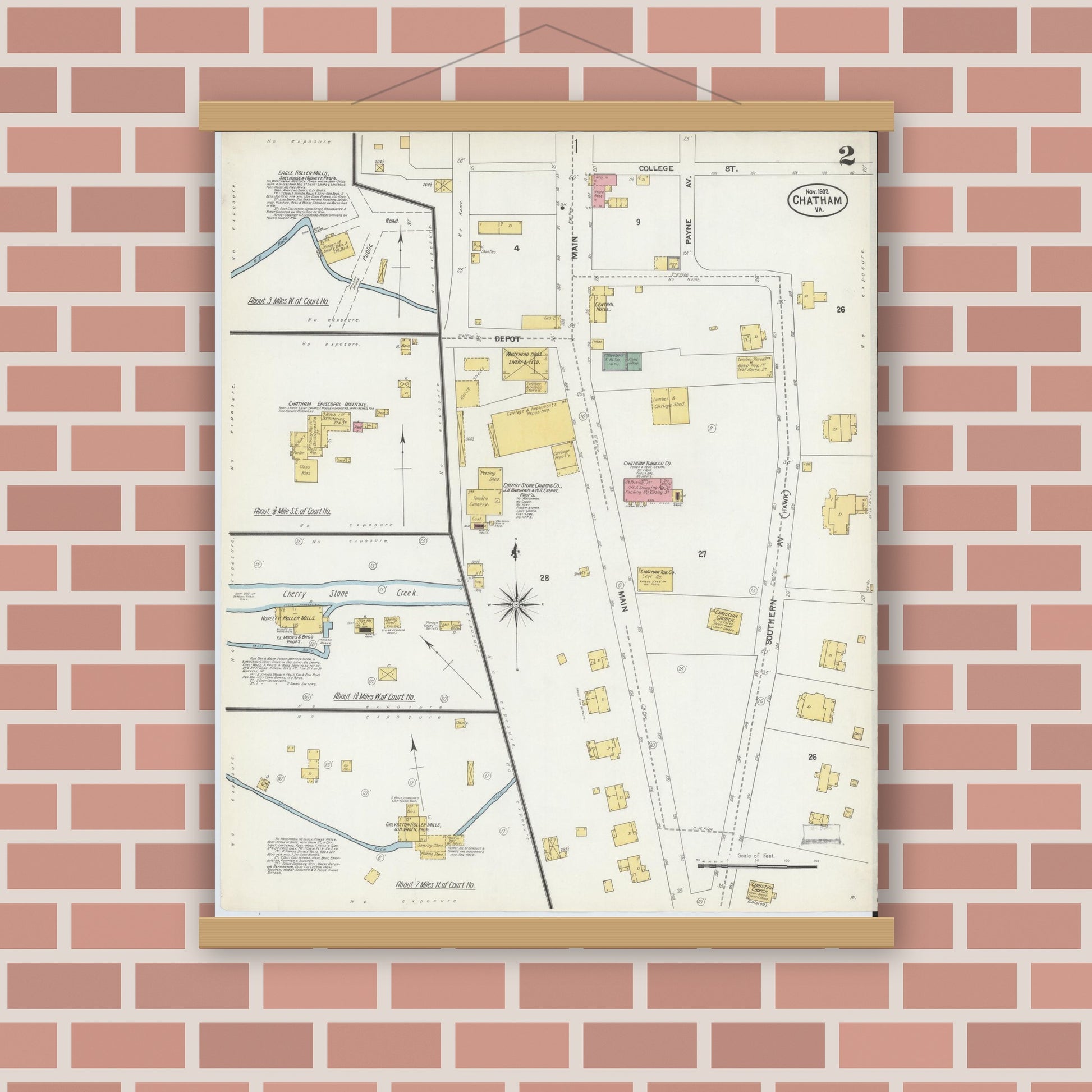Old map wall art mockup — magnetic wood frame on brick wall — Sanborn Fire Insurance Map from Chatham, Pittsylvania County, Virginia (1902), Sheet #0002