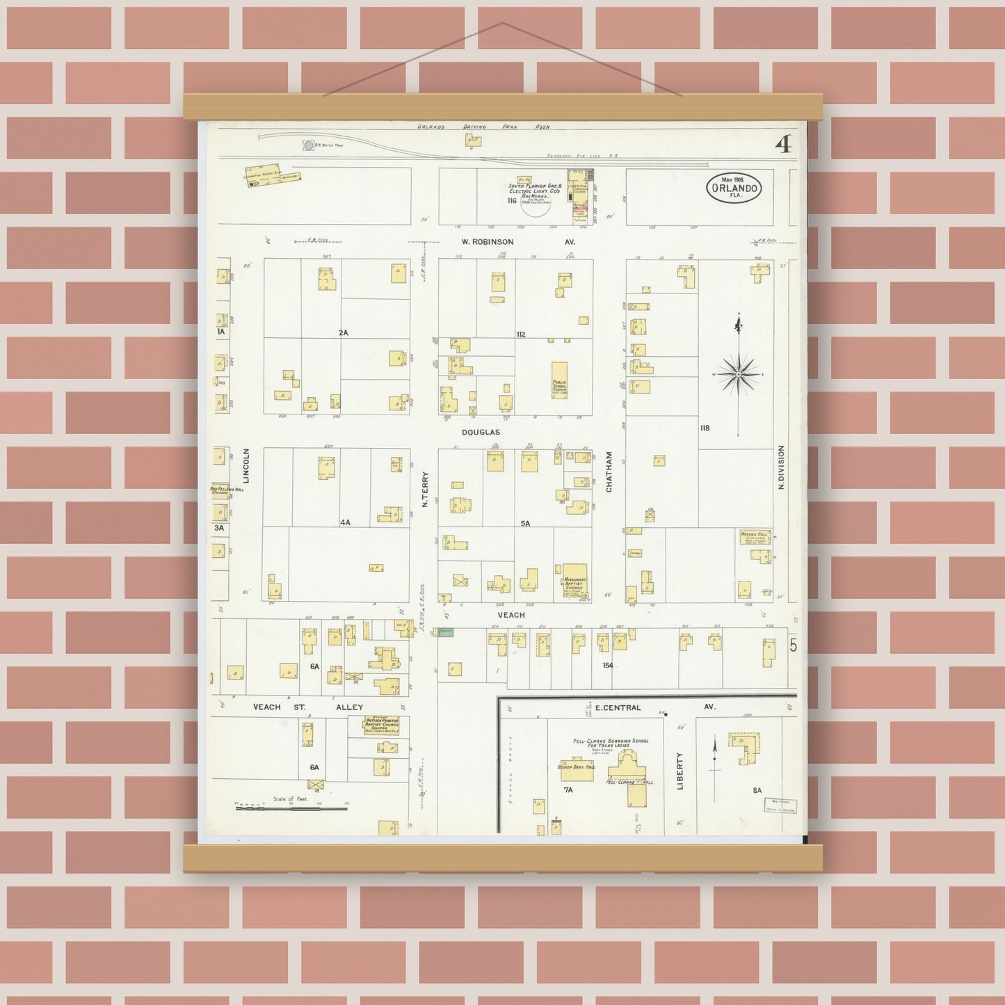 Old map wall art mockup — magnetic wood frame on brick wall — Sanborn Fire Insurance Map from Orlando, Orange County, Florida (1908), Sheet #0004
