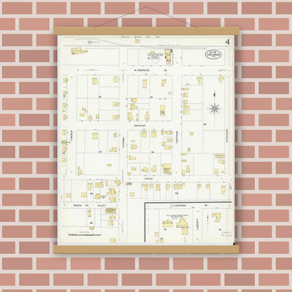 Old map wall art mockup — magnetic wood frame on brick wall — Sanborn Fire Insurance Map from Orlando, Orange County, Florida (1908), Sheet #0004
