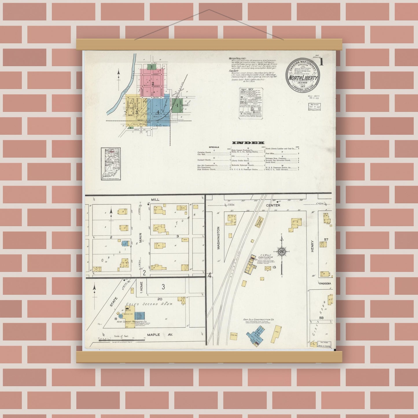 Old map wall art mockup — magnetic wood frame on brick wall — Sanborn Fire Insurance Map from North Liberty, Saint Joseph County, Indiana (1917) - Complete Map Set