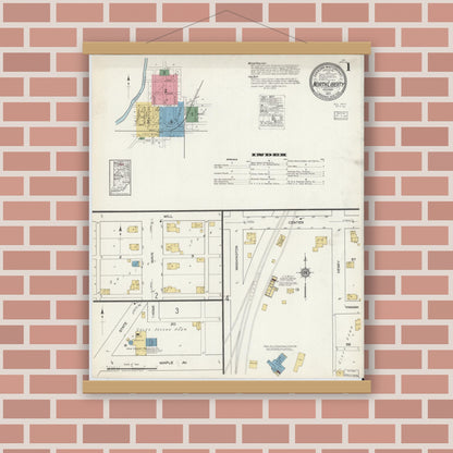 Old map wall art mockup — magnetic wood frame on brick wall — Sanborn Fire Insurance Map from North Liberty, Saint Joseph County, Indiana (1917) - Complete Map Set