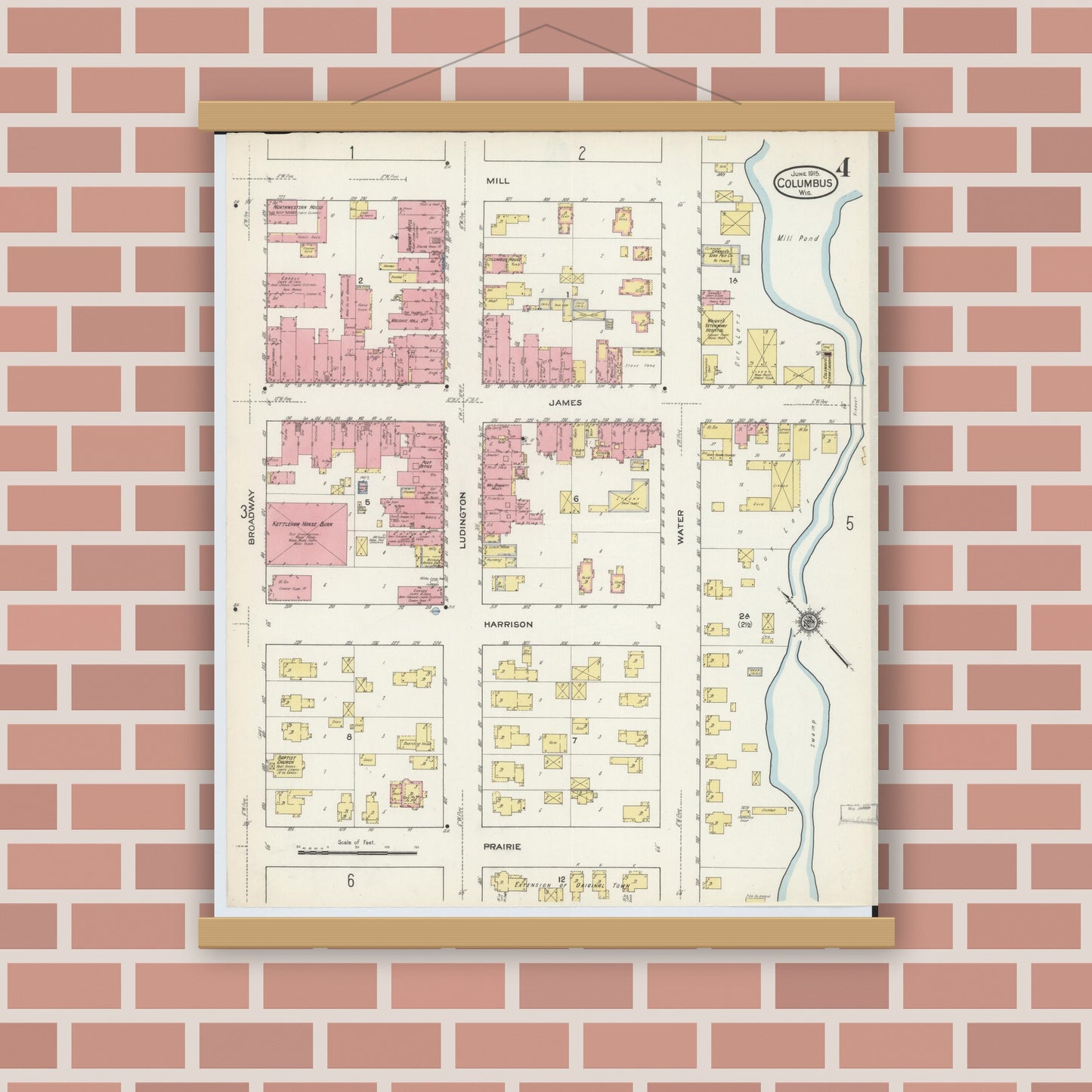 Old map wall art mockup — magnetic wood frame on brick wall — Sanborn Fire Insurance Map from Columbus, Columbia and Dodge County, Wisconsin (1915), Sheet #0004
