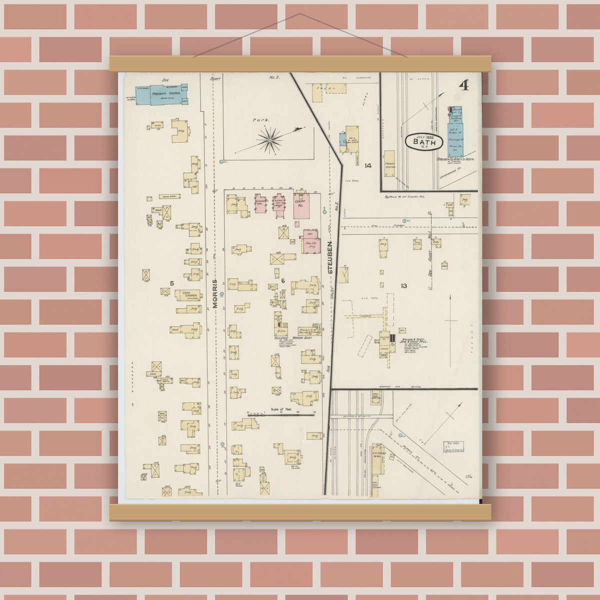 Old map wall art mockup — magnetic wood frame on brick wall — Sanborn Fire Insurance Map from Bath, Steuben County, New York (1888), Sheet #0004