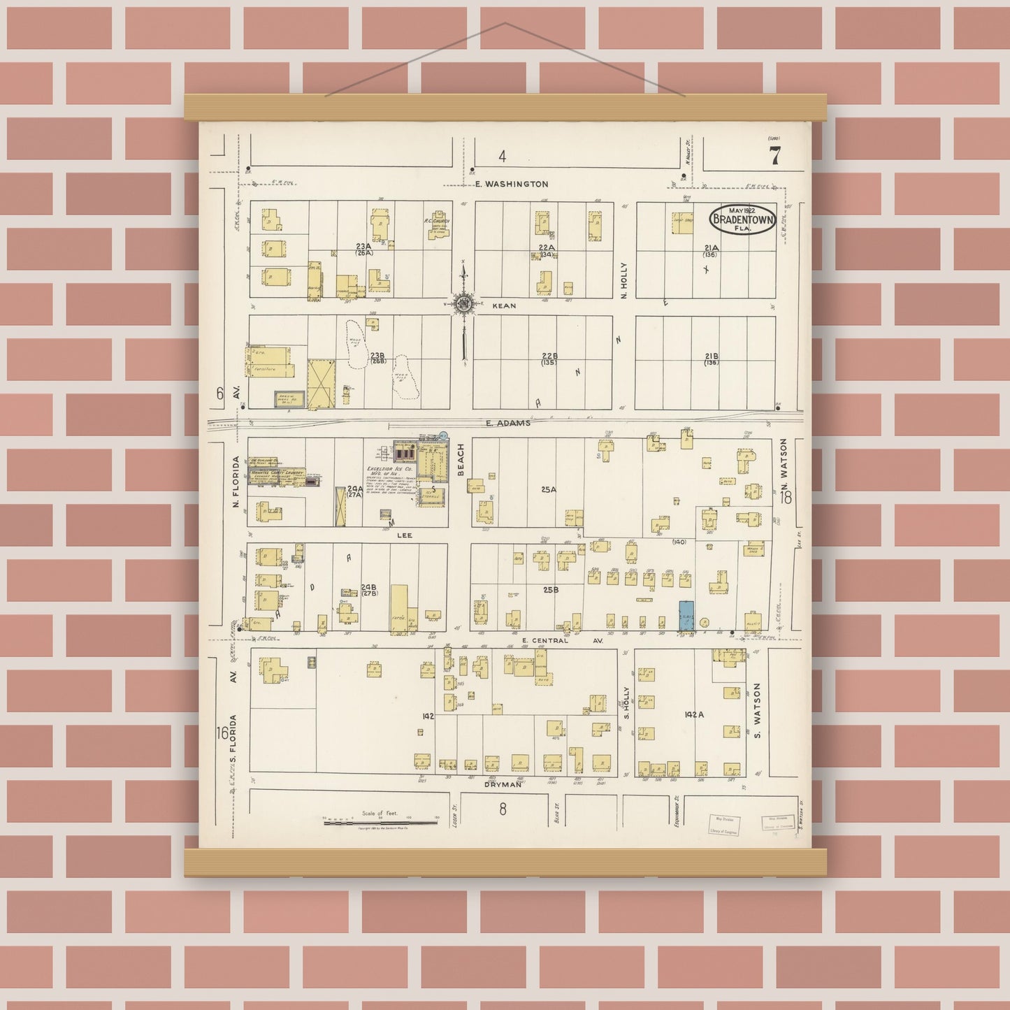 Old map wall art mockup — magnetic wood frame on brick wall — Sanborn Fire Insurance Map from Bradentown, Manatee County, Florida (1922), Sheet #0007