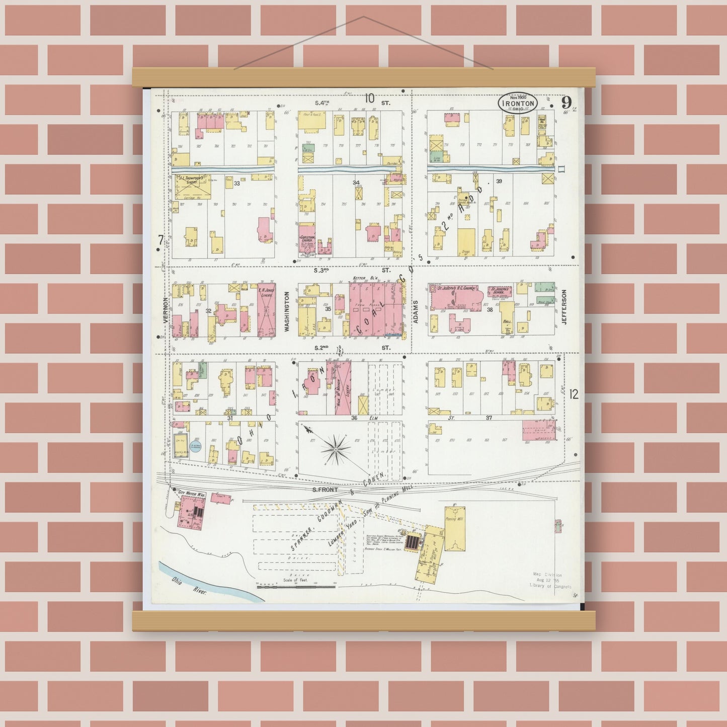 Old map wall art mockup — magnetic wood frame on brick wall — Sanborn Fire Insurance Map from Ironton, Lawrence County, Ohio (1900), Sheet #0009