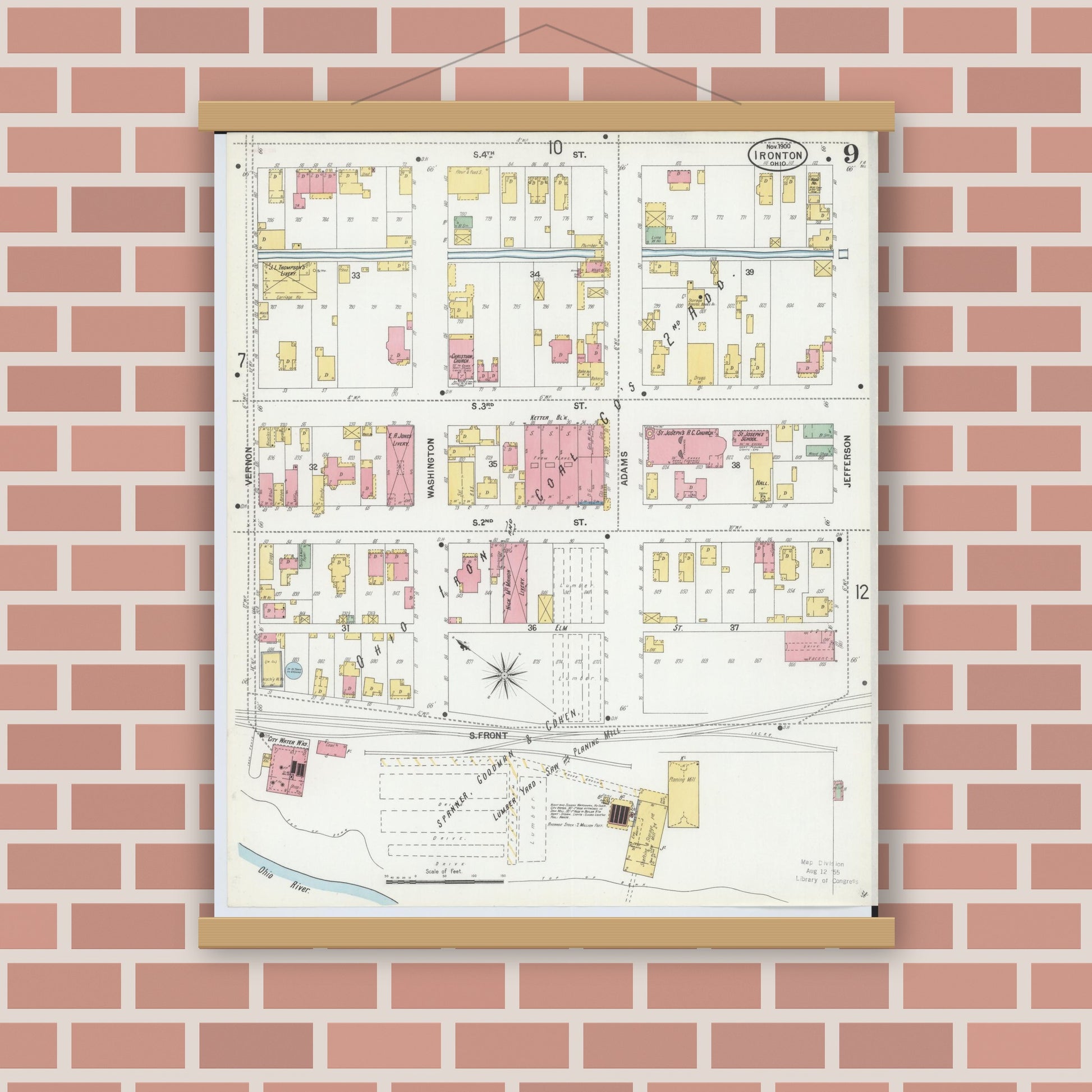Old map wall art mockup — magnetic wood frame on brick wall — Sanborn Fire Insurance Map from Ironton, Lawrence County, Ohio (1900), Sheet #0009