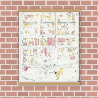 Old map wall art mockup — magnetic wood frame on brick wall — Sanborn Fire Insurance Map from Ironton, Lawrence County, Ohio (1900), Sheet #0009