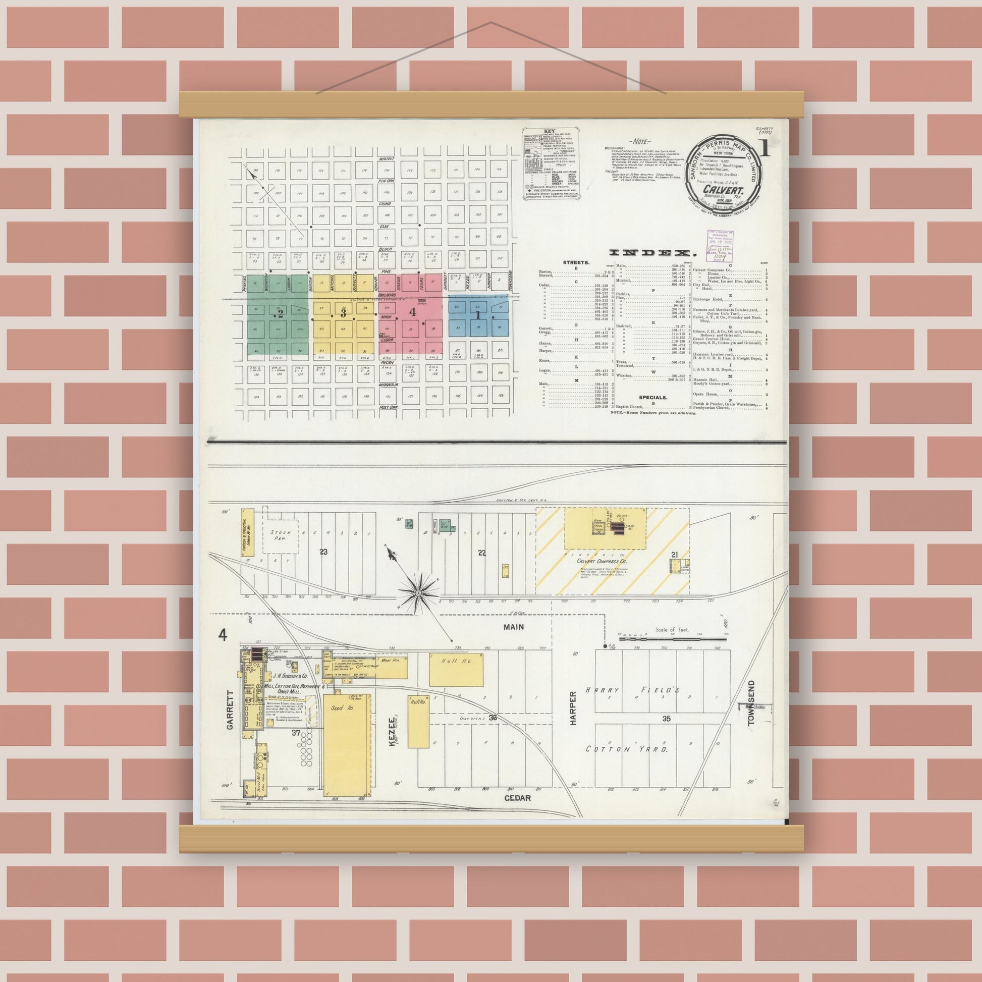 Old map wall art mockup — magnetic wood frame on brick wall — Sanborn Fire Insurance Map from Calvert, Robertson County, Texas (1901), Sheet #0001