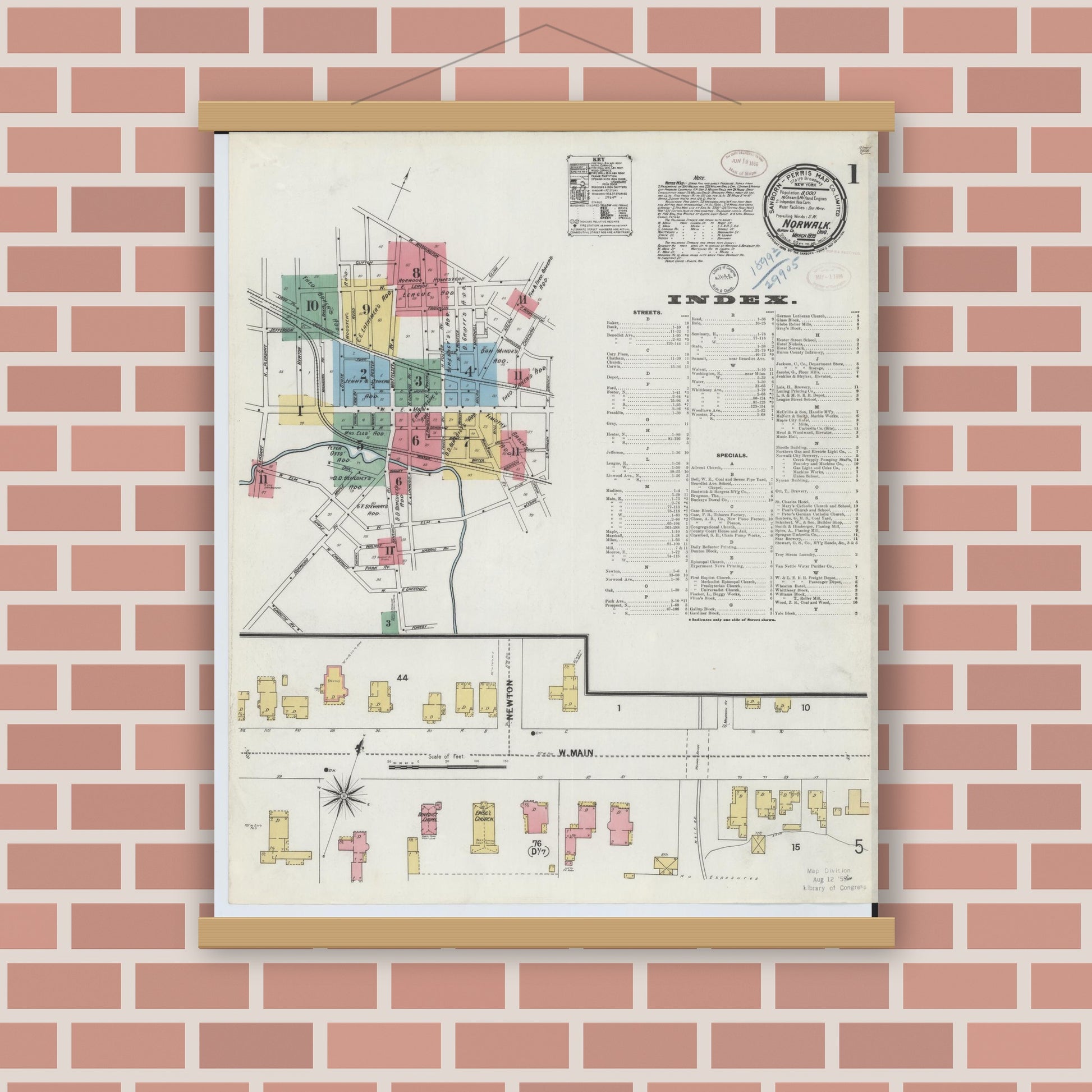 Old map wall art mockup — magnetic wood frame on brick wall — Sanborn Fire Insurance Map from Norwalk, Huron County, Ohio (1899), Sheet #0001