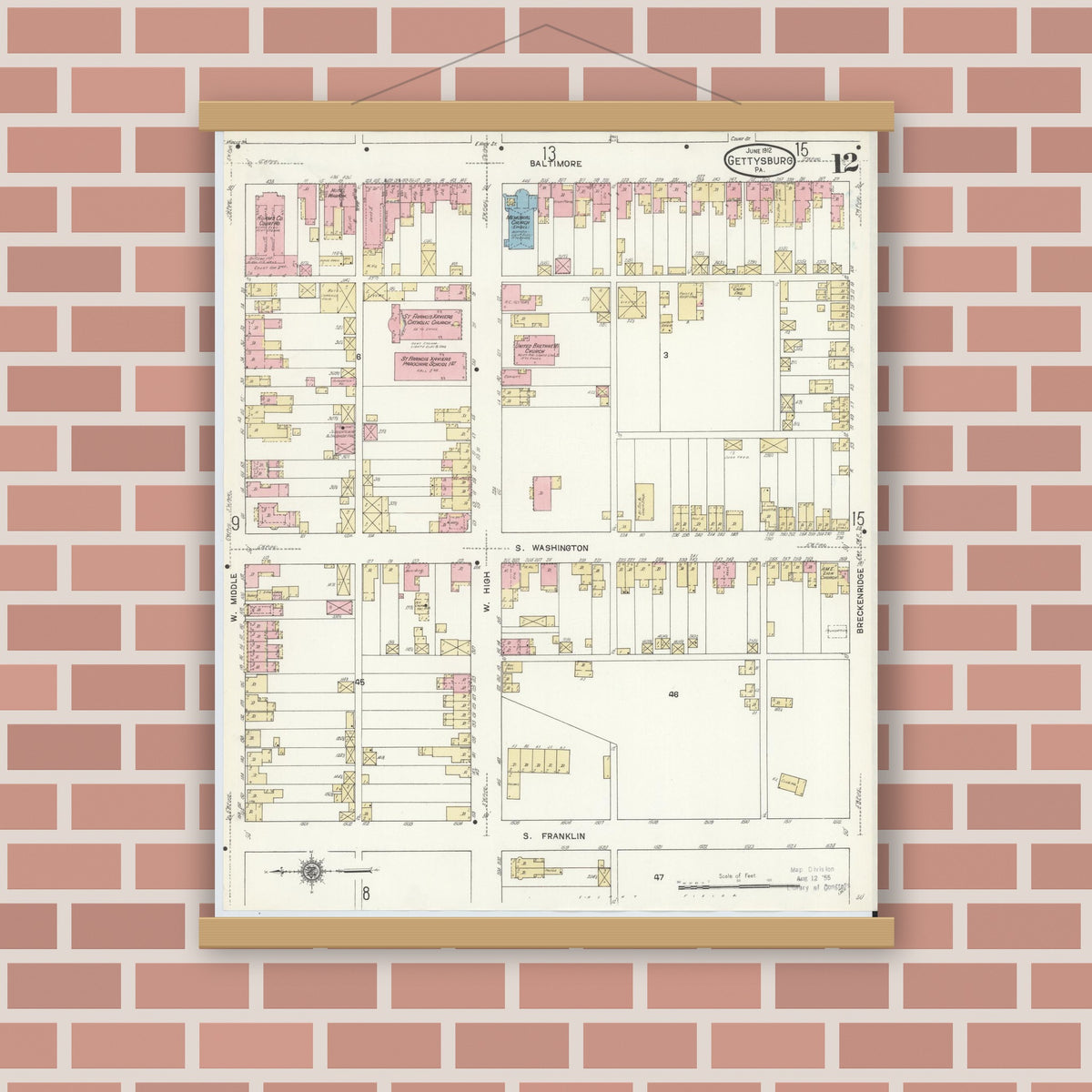 Old map wall art mockup — magnetic wood frame on brick wall — Sanborn Fire Insurance Map from Gettysburg, Adams County, Pennsylvania (1912), Sheet #0012