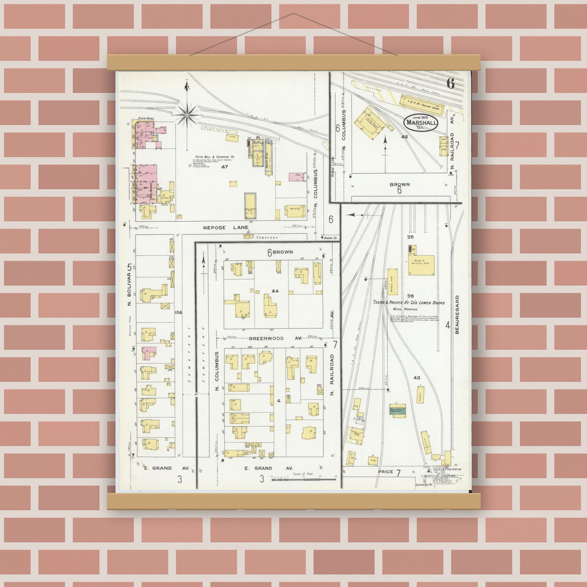 Old map wall art mockup — magnetic wood frame on brick wall — Sanborn Fire Insurance Map from Marshall, Harrison County, Texas (1909), Sheet #0006