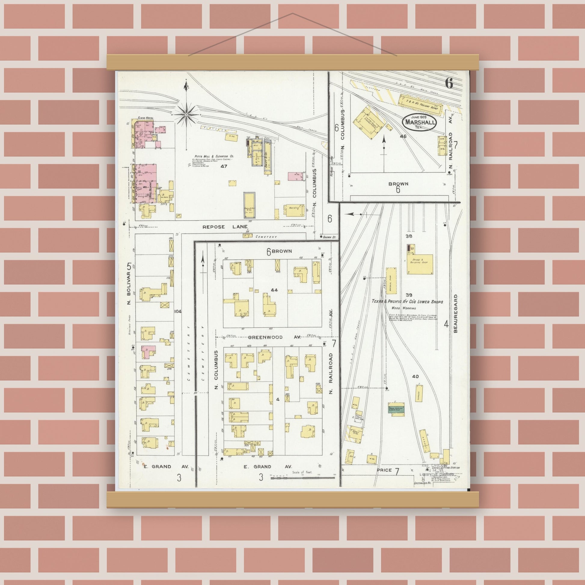 Old map wall art mockup — magnetic wood frame on brick wall — Sanborn Fire Insurance Map from Marshall, Harrison County, Texas (1909), Sheet #0006