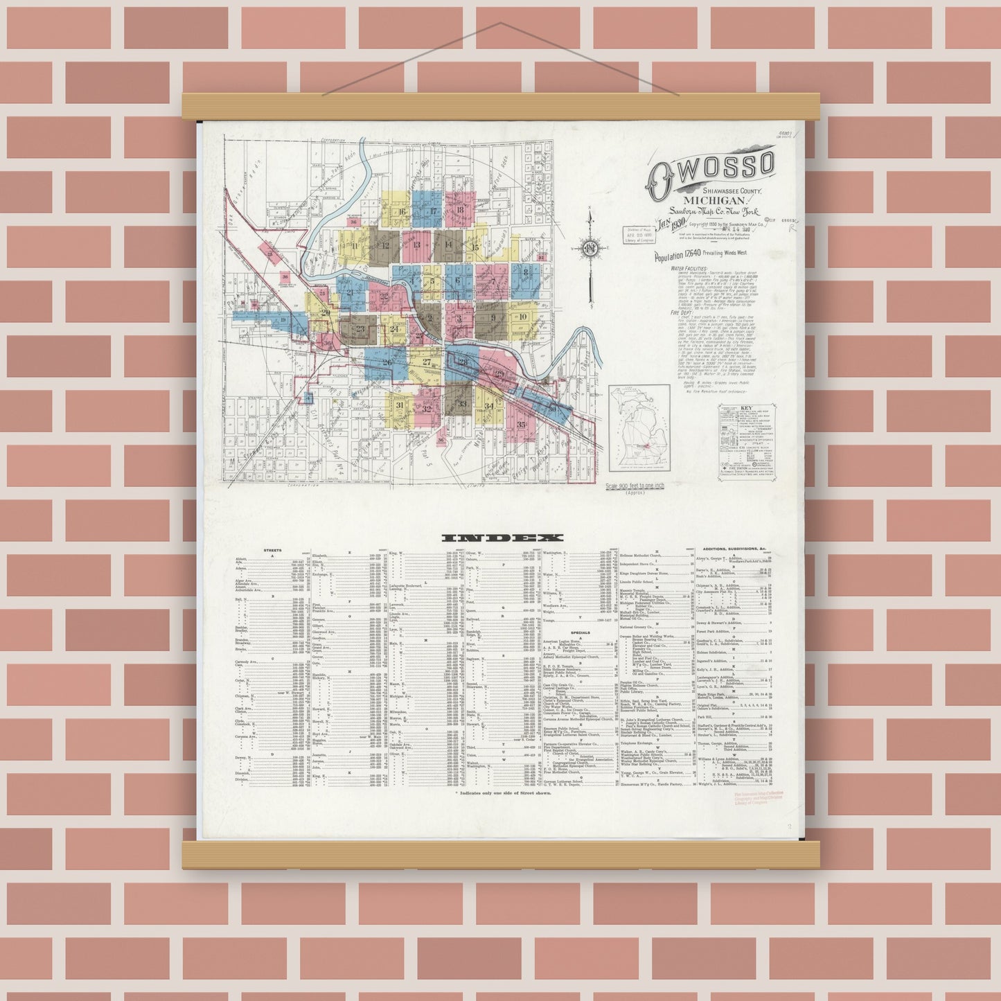 Old map wall art mockup — magnetic wood frame on brick wall — Sanborn Fire Insurance Map from Owosso, Shiawassee County, Michigan (1930) - Complete Map Set