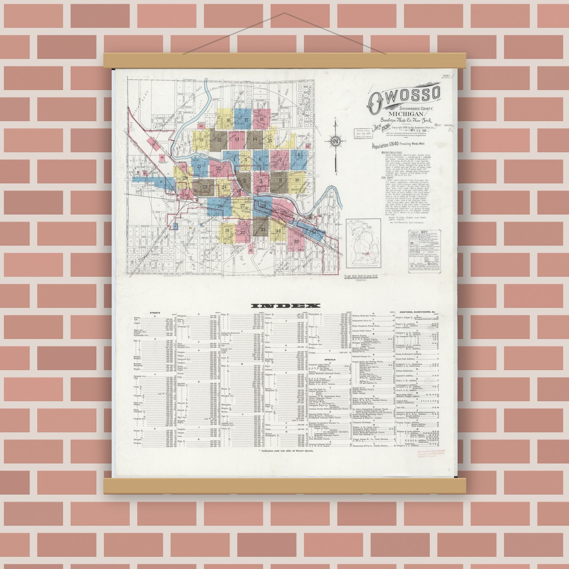 Old map wall art mockup — magnetic wood frame on brick wall — Sanborn Fire Insurance Map from Owosso, Shiawassee County, Michigan (1930) - Complete Map Set
