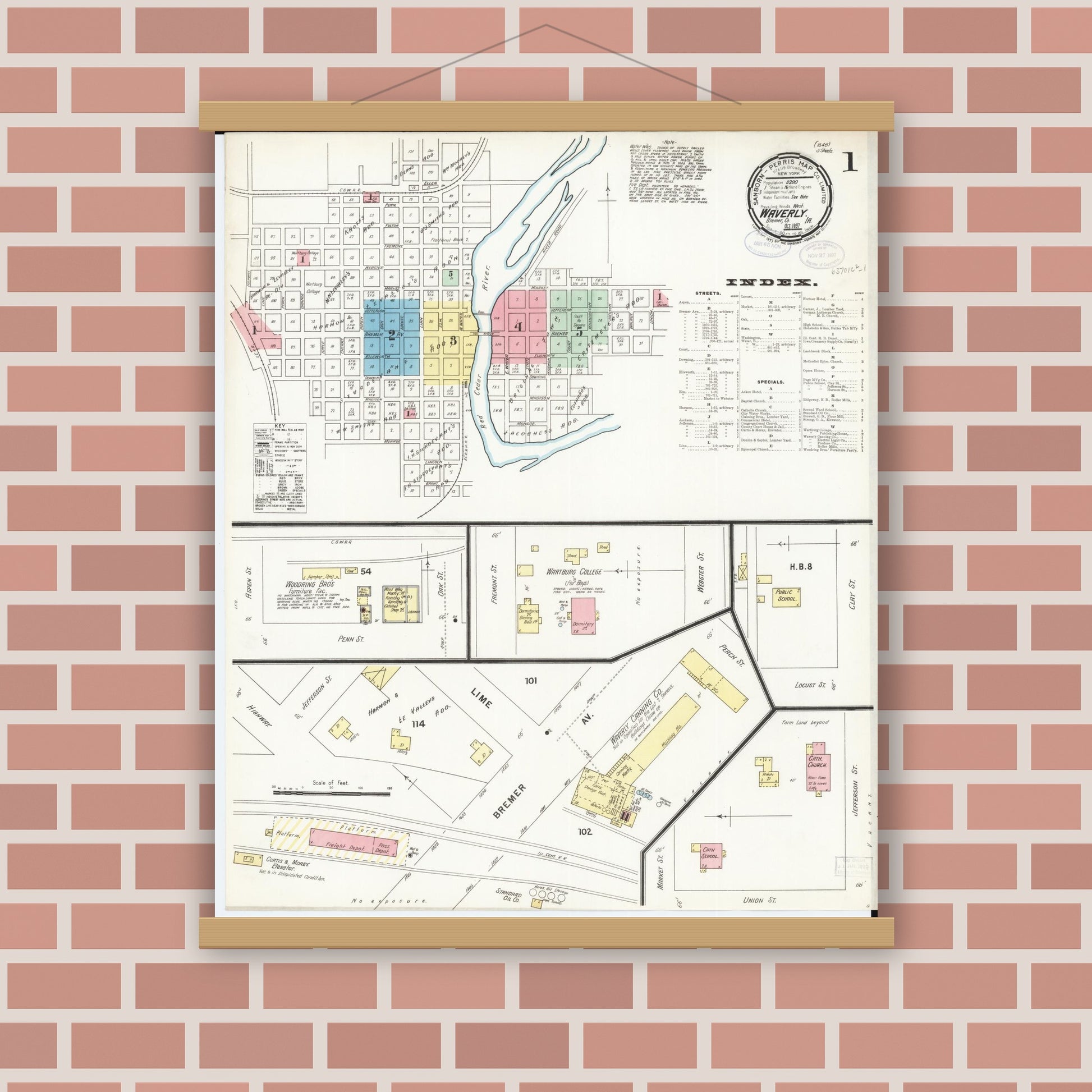 Old map wall art mockup — magnetic wood frame on brick wall — Sanborn Fire Insurance Map from Waverly, Bremer County, Iowa (1897) â€” Complete Set