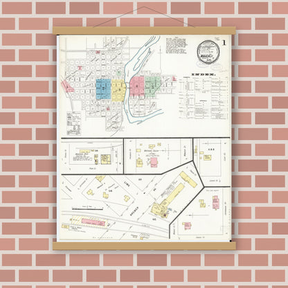 Old map wall art mockup — magnetic wood frame on brick wall — Sanborn Fire Insurance Map from Waverly, Bremer County, Iowa (1897) â€” Complete Set