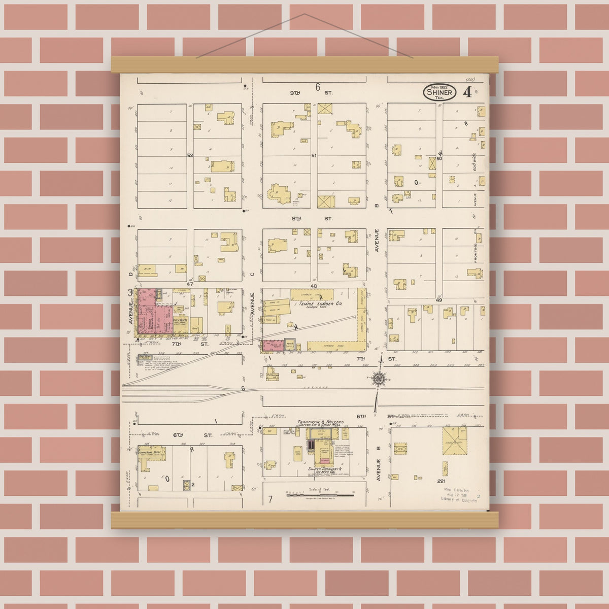 Old map wall art mockup — magnetic wood frame on brick wall — Sanborn Fire Insurance Map from Shiner, Lavaca County, Texas (1922), Sheet #0004