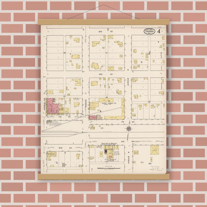 Old map wall art mockup — magnetic wood frame on brick wall — Sanborn Fire Insurance Map from Shiner, Lavaca County, Texas (1922), Sheet #0004