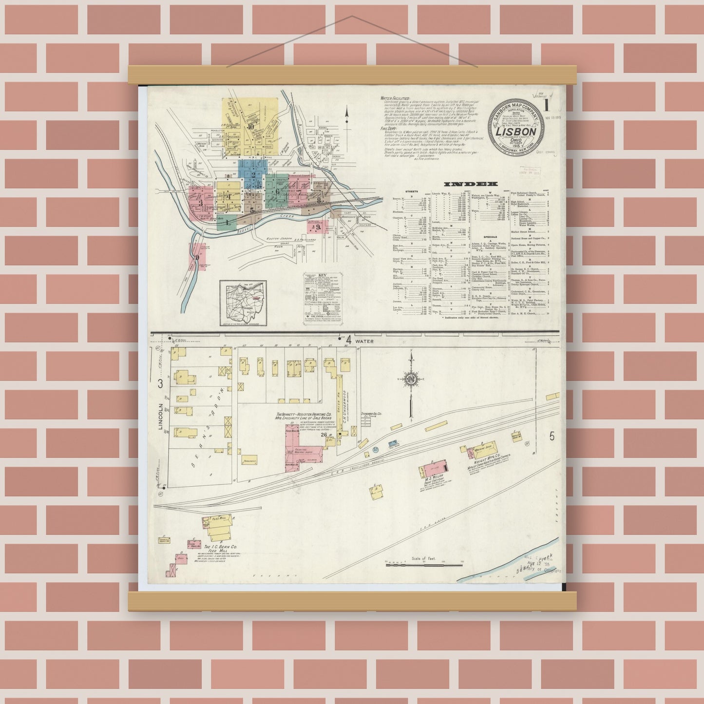 Old map wall art mockup — magnetic wood frame on brick wall — Sanborn Fire Insurance Map from Lisbon, Columbiana County, Ohio (1915), Sheet #0001