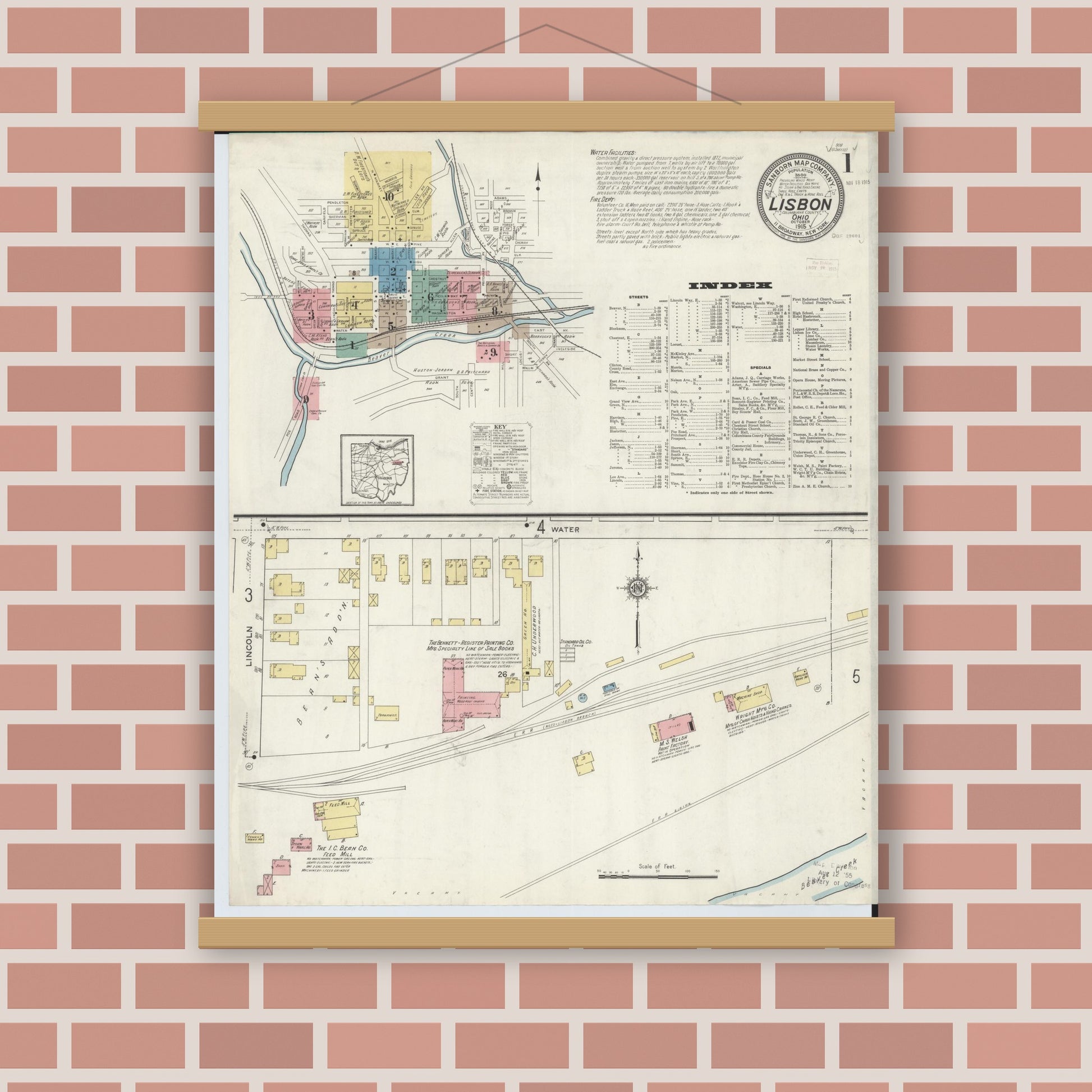 Old map wall art mockup — magnetic wood frame on brick wall — Sanborn Fire Insurance Map from Lisbon, Columbiana County, Ohio (1915), Sheet #0001