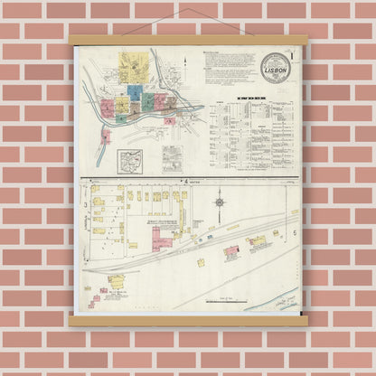Old map wall art mockup — magnetic wood frame on brick wall — Sanborn Fire Insurance Map from Lisbon, Columbiana County, Ohio (1915), Sheet #0001