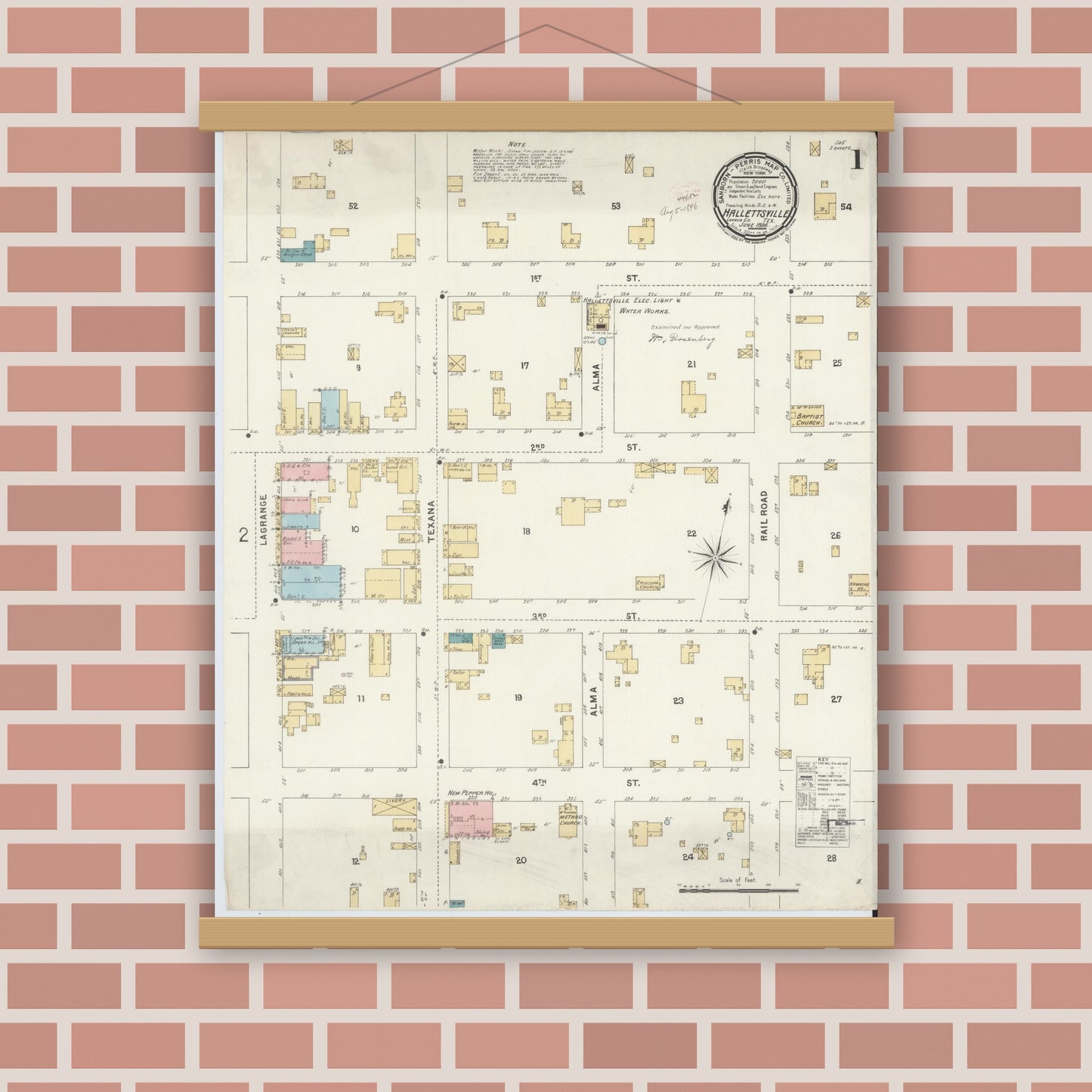 Old map wall art mockup — magnetic wood frame on brick wall — Sanborn Fire Insurance Map from Hallettsville, Lavaca County, Texas (1896), Sheet #0001