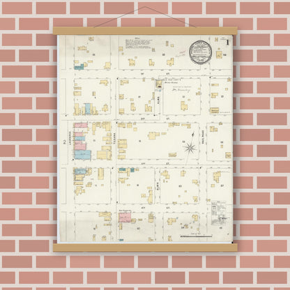 Old map wall art mockup — magnetic wood frame on brick wall — Sanborn Fire Insurance Map from Hallettsville, Lavaca County, Texas (1896), Sheet #0001