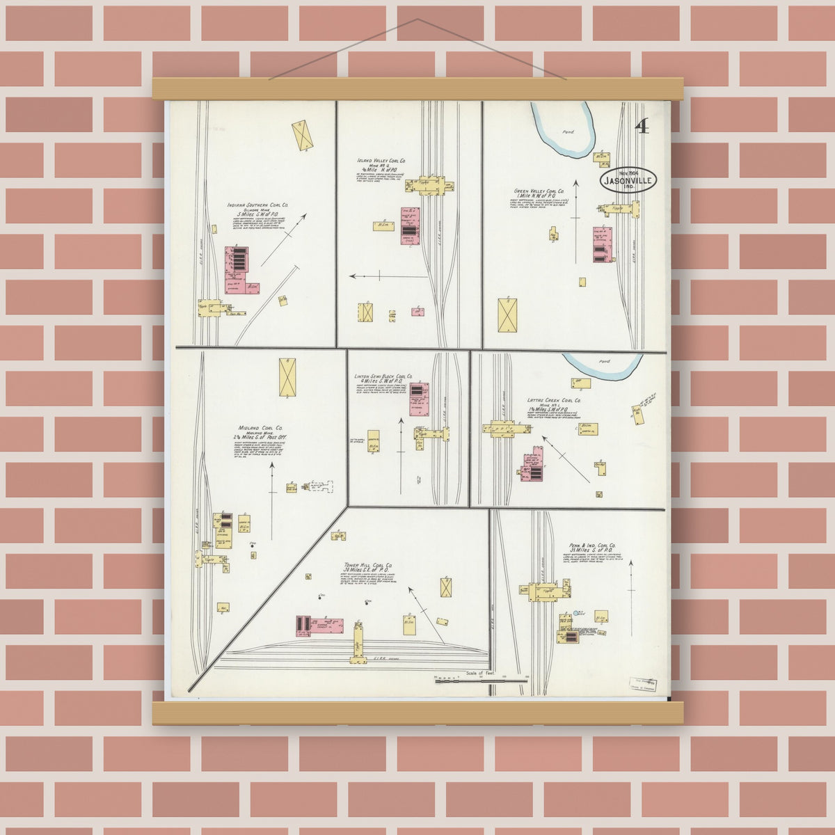 Old map wall art mockup — magnetic wood frame on brick wall — Sanborn Fire Insurance Map from Jasonville, Greene County, Indiana (1904), Sheet #0004