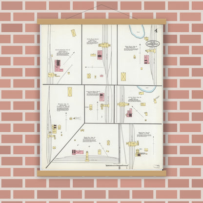 Old map wall art mockup — magnetic wood frame on brick wall — Sanborn Fire Insurance Map from Jasonville, Greene County, Indiana (1904), Sheet #0004