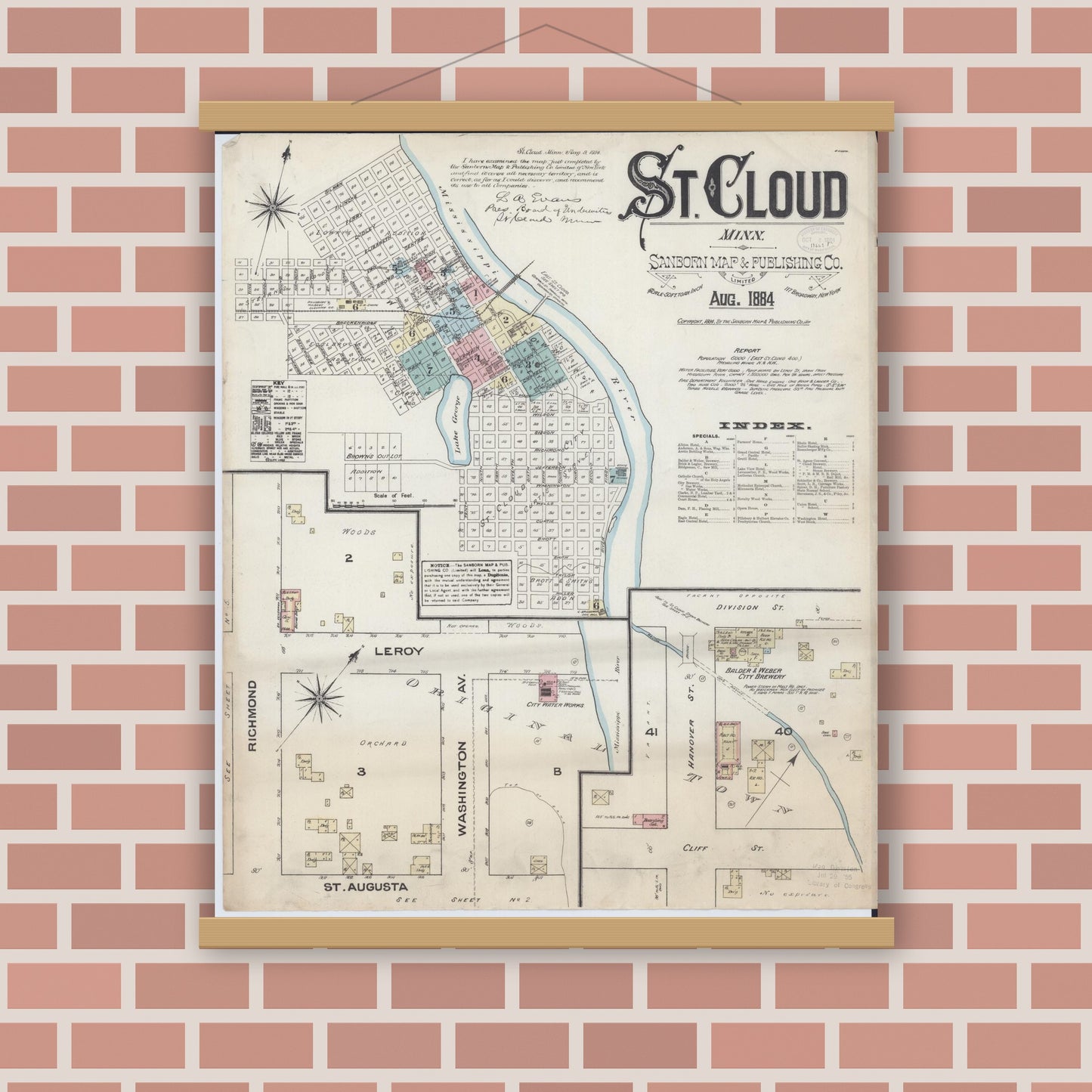 Old map wall art mockup — magnetic wood frame on brick wall — Sanborn Fire Insurance Map from Saint Cloud, Stearns, Benton, and Sherburne Counties, Minnesota (1884) - Complete Map Set