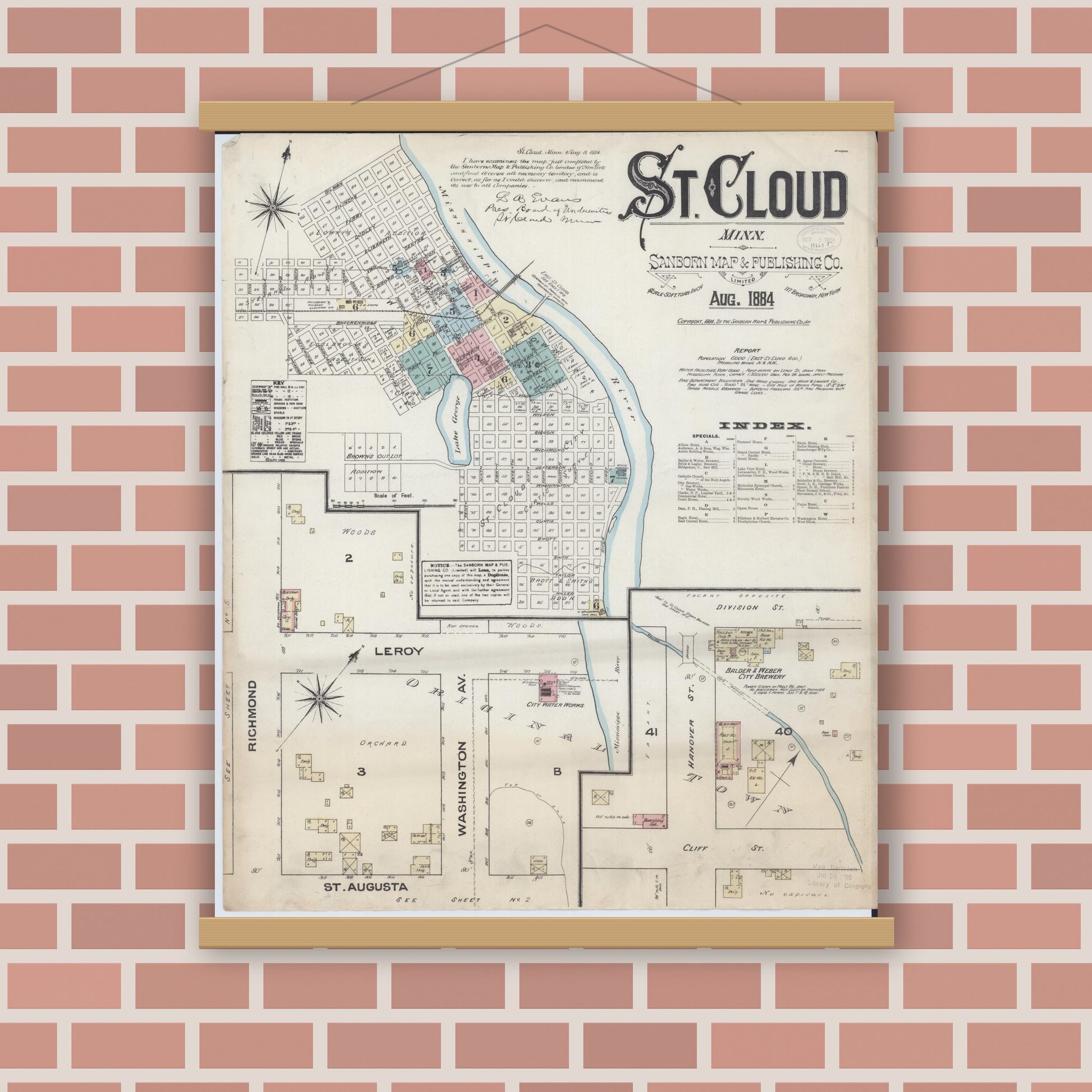 Old map wall art mockup — magnetic wood frame on brick wall — Sanborn Fire Insurance Map from Saint Cloud, Stearns, Benton, and Sherburne Counties, Minnesota (1884) - Complete Map Set