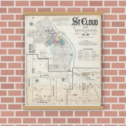 Old map wall art mockup — magnetic wood frame on brick wall — Sanborn Fire Insurance Map from Saint Cloud, Stearns, Benton, and Sherburne Counties, Minnesota (1884) - Complete Map Set