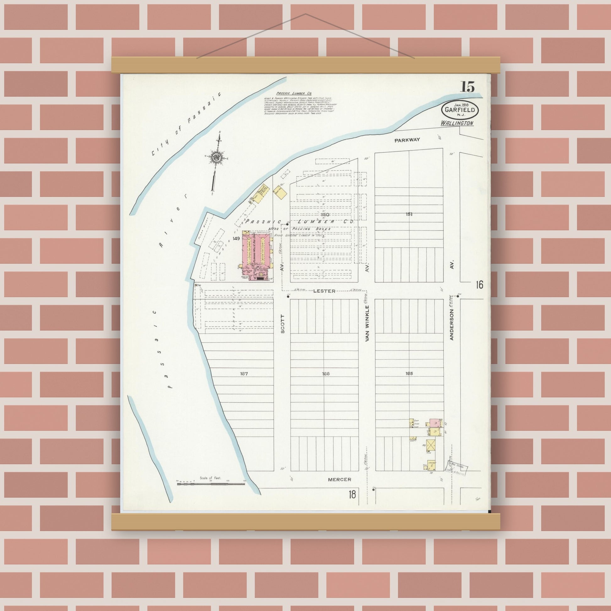 Old map wall art mockup — magnetic wood frame on brick wall — Sanborn Fire Insurance Map from Garfield, Bergen County, New Jersey (1910), Sheet #0015