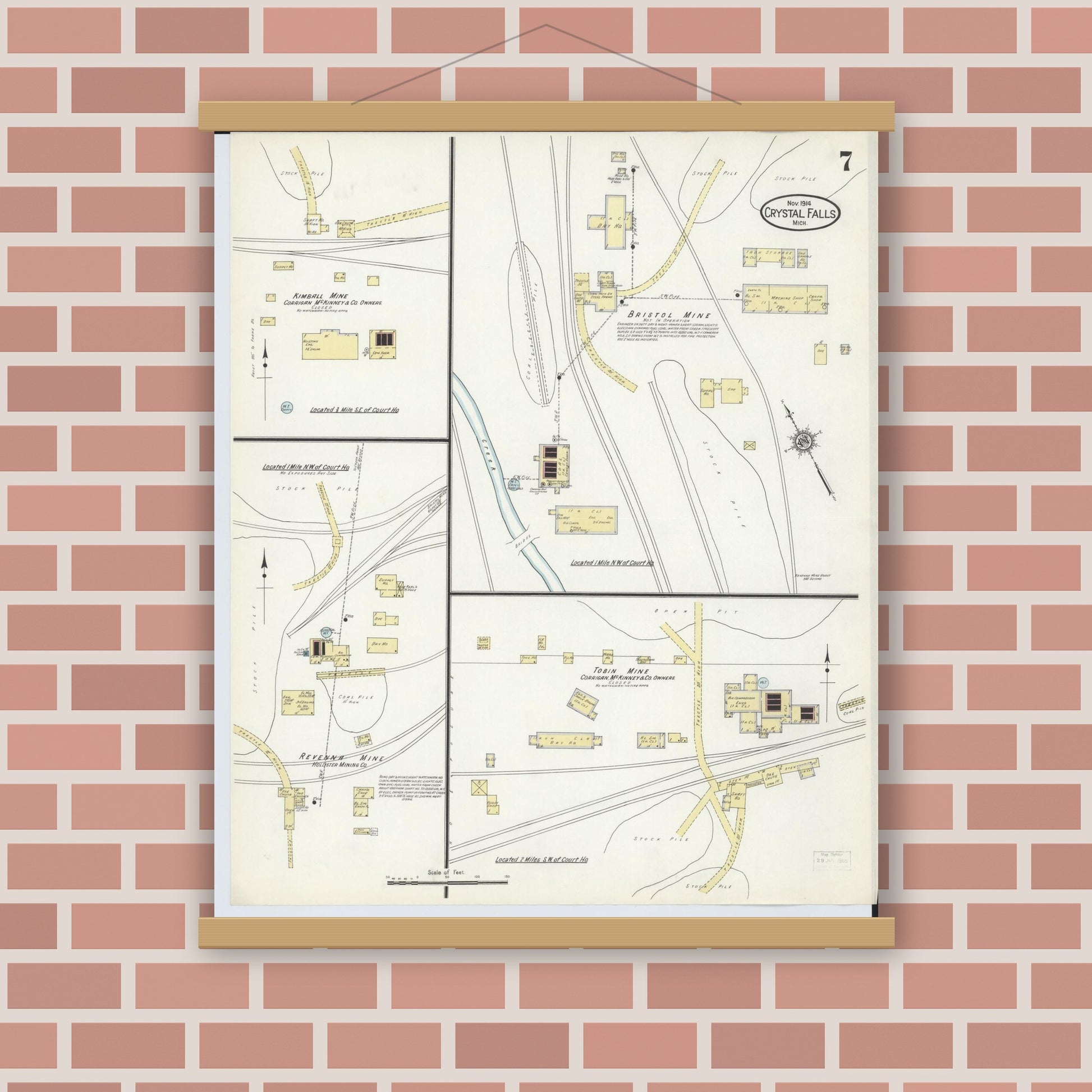 Old map wall art mockup — magnetic wood frame on brick wall — Sanborn Fire Insurance Map from Crystal Falls, Iron County, Michigan (1914), Sheet #0007