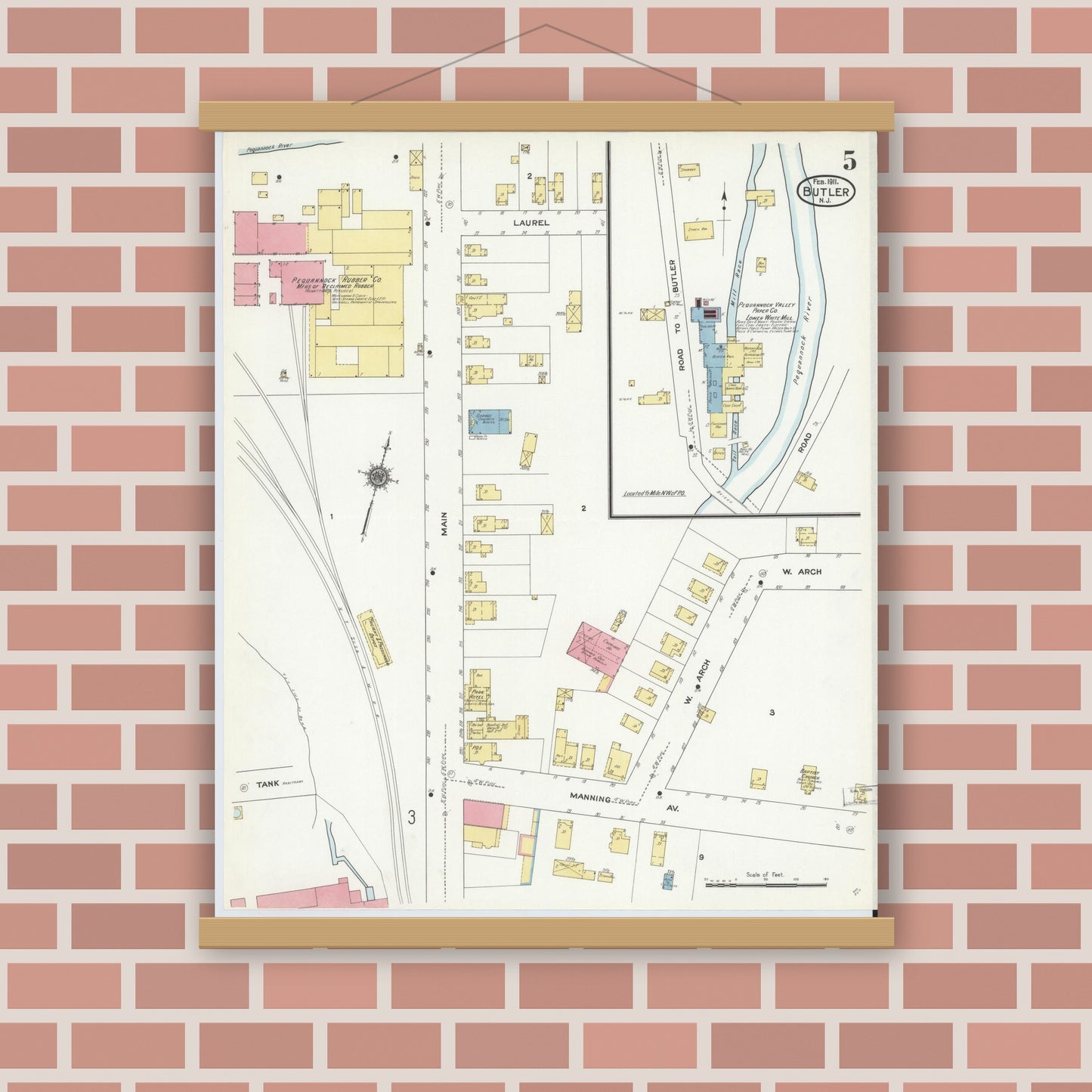 Old map wall art mockup — magnetic wood frame on brick wall — Sanborn Fire Insurance Map from Butler, Morris County, New Jersey (1911), Sheet #0005