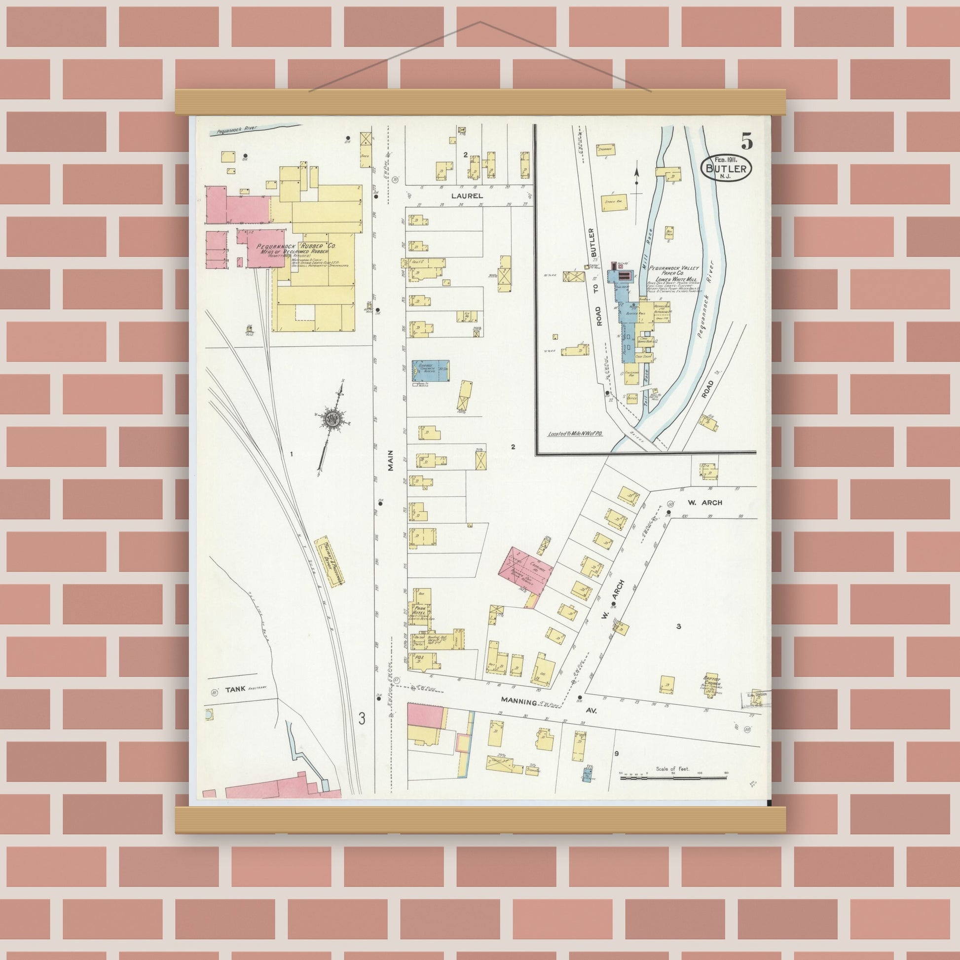 Old map wall art mockup — magnetic wood frame on brick wall — Sanborn Fire Insurance Map from Butler, Morris County, New Jersey (1911), Sheet #0005