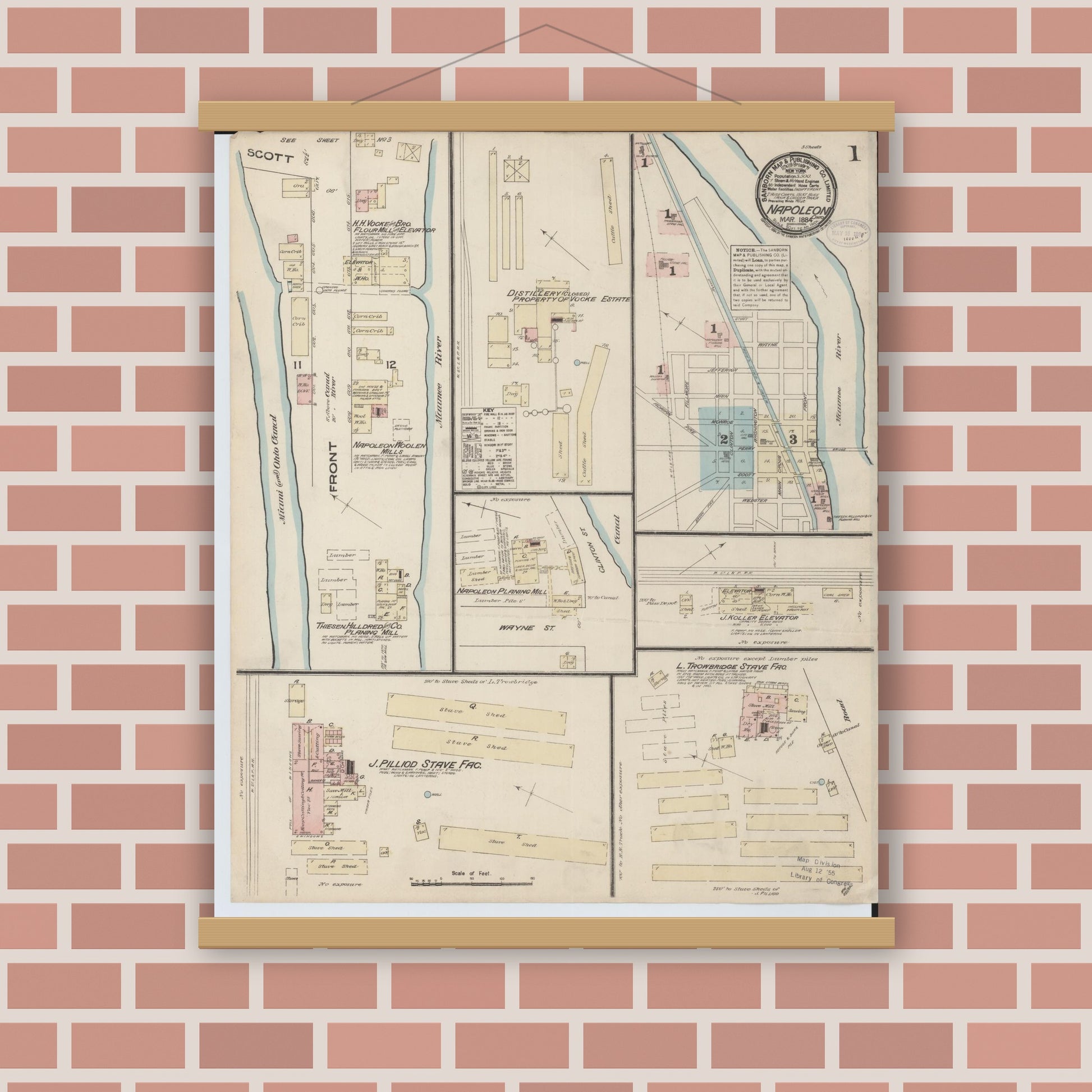 Old map wall art mockup — magnetic wood frame on brick wall — Sanborn Fire Insurance Map from Napoleon, Henry County, Ohio (1884) - Complete Map Set
