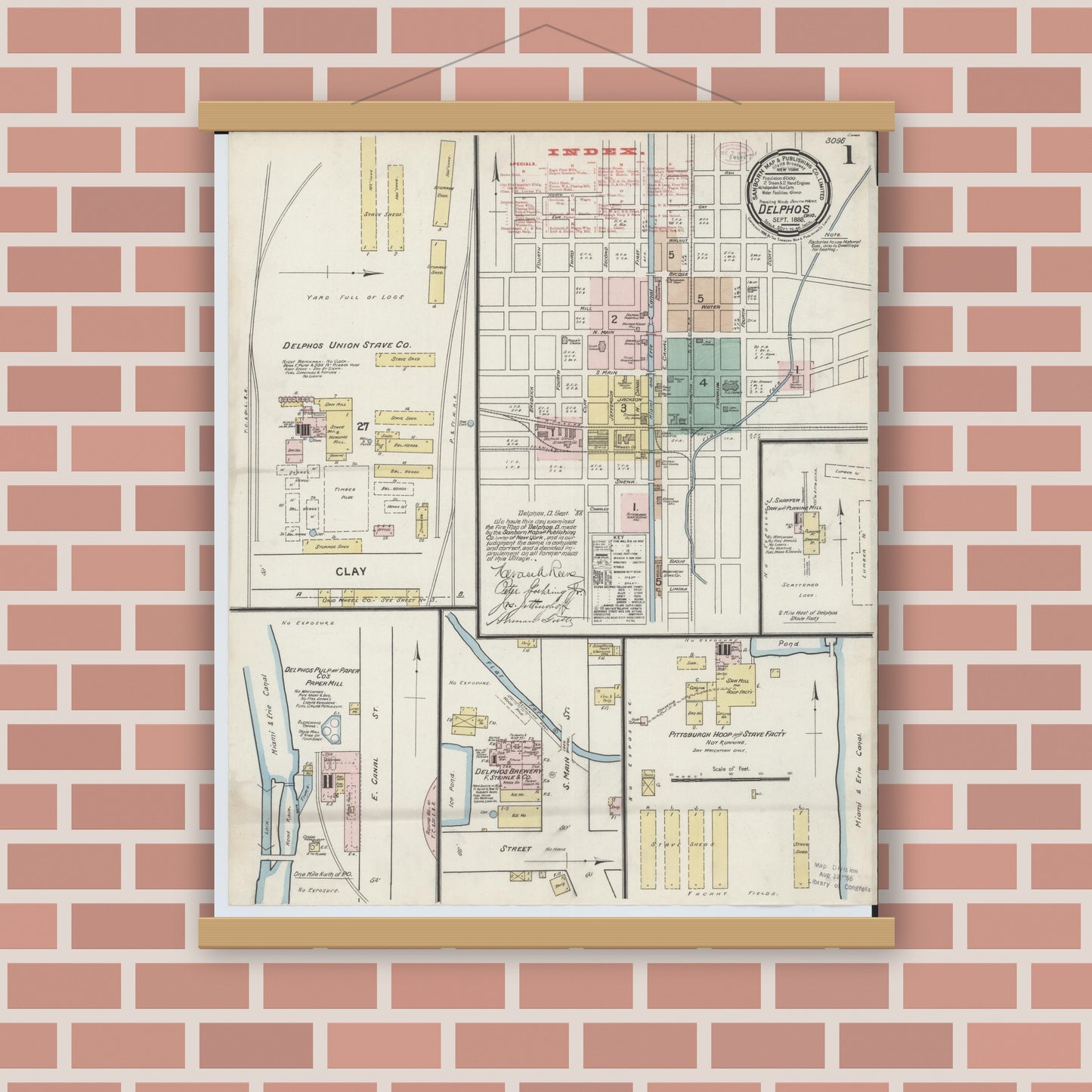 Old map wall art mockup — magnetic wood frame on brick wall — Sanborn Fire Insurance Map from Delphos, Van Wert And Allen Counties, Ohio (1888), Sheet #0001